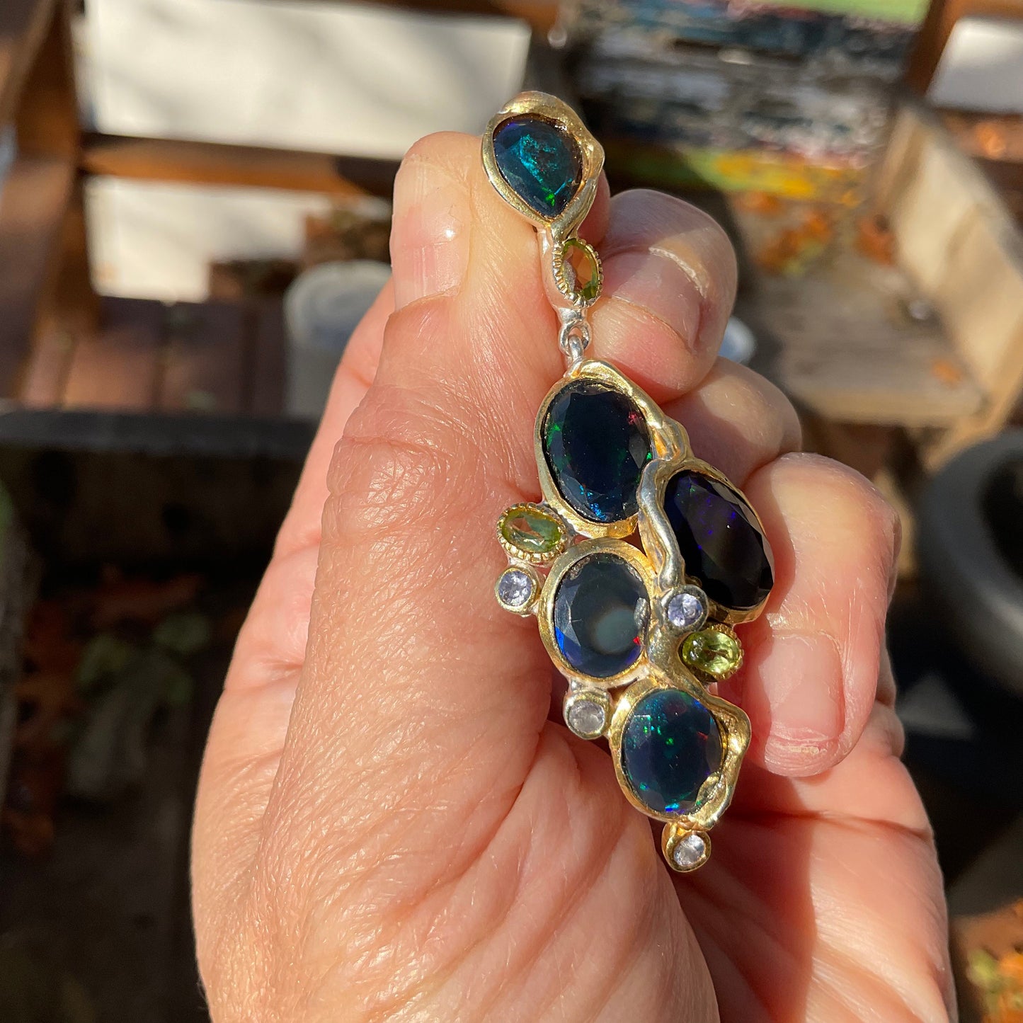 Natural black Rainbow blue fireopal Sterling Silver heirloom pendant