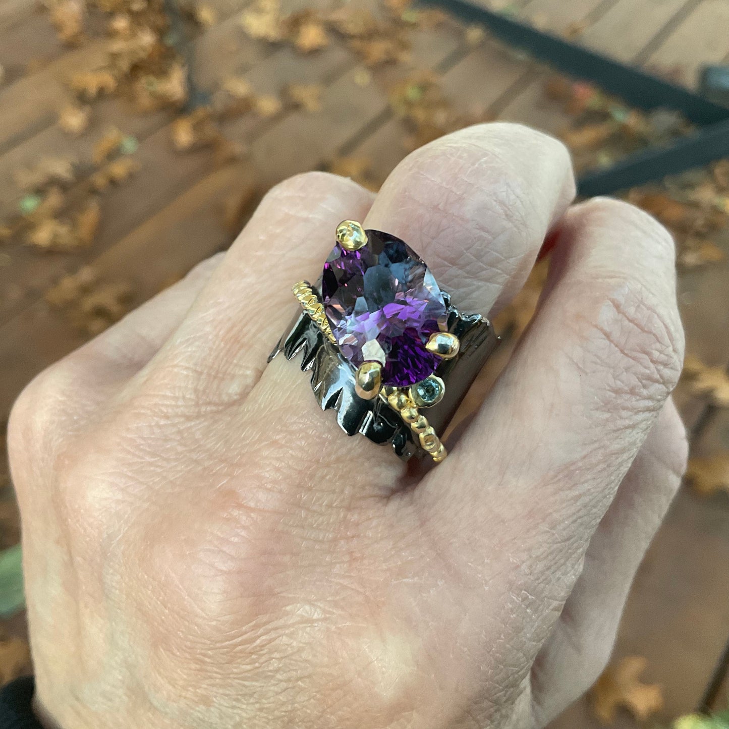 Handmade sterling Amethyst topaz statement band Ring 9