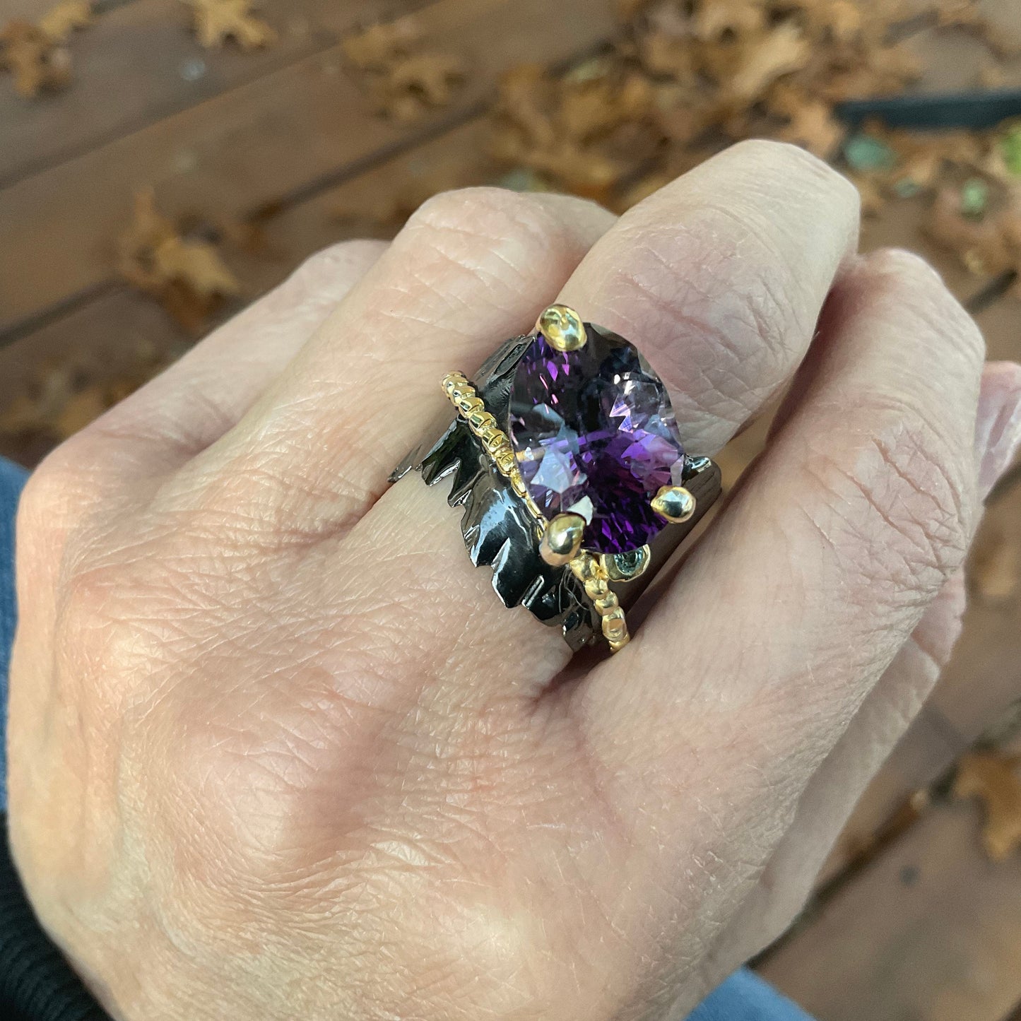 Handmade sterling Amethyst topaz statement band Ring 9