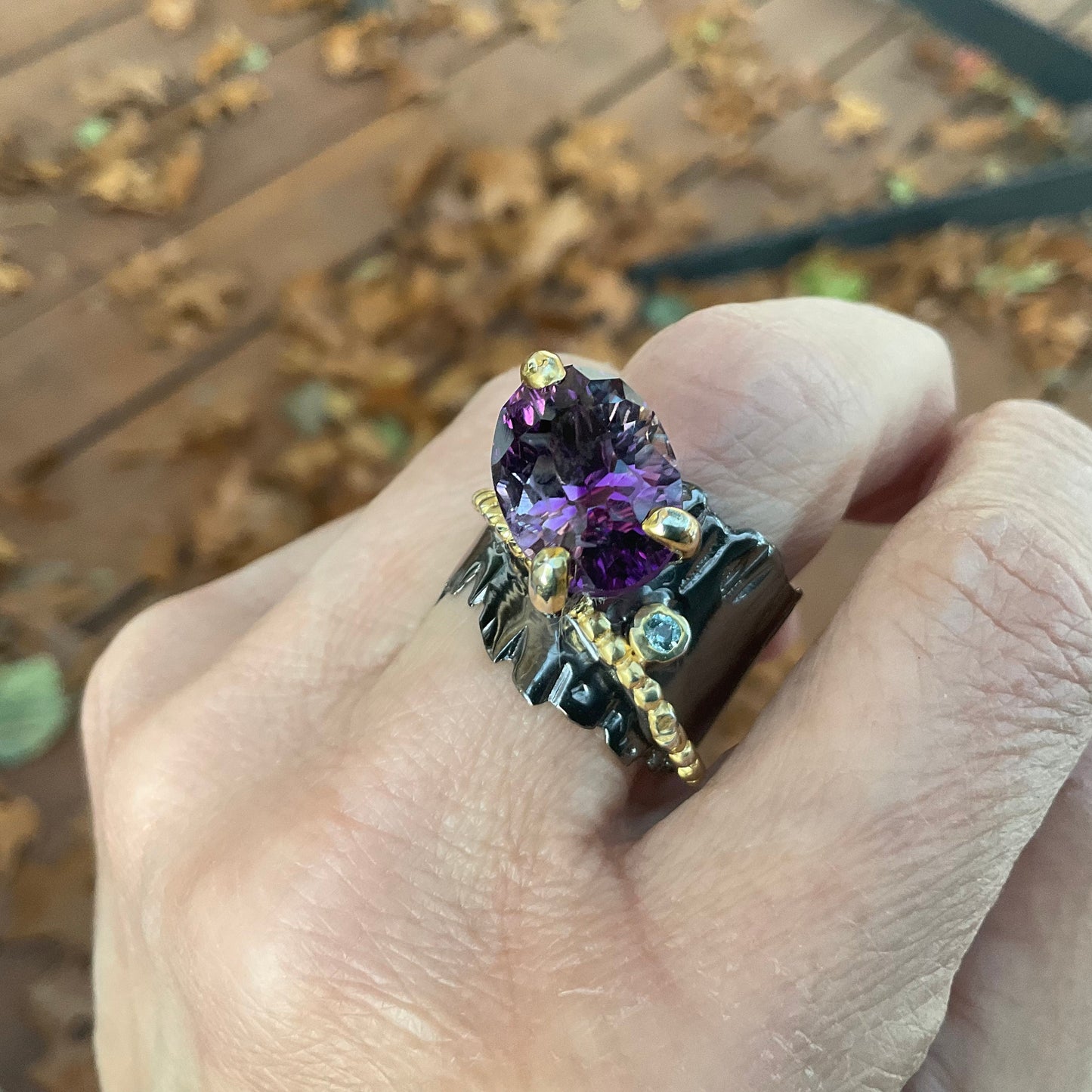 Handmade sterling Amethyst topaz statement band Ring 9