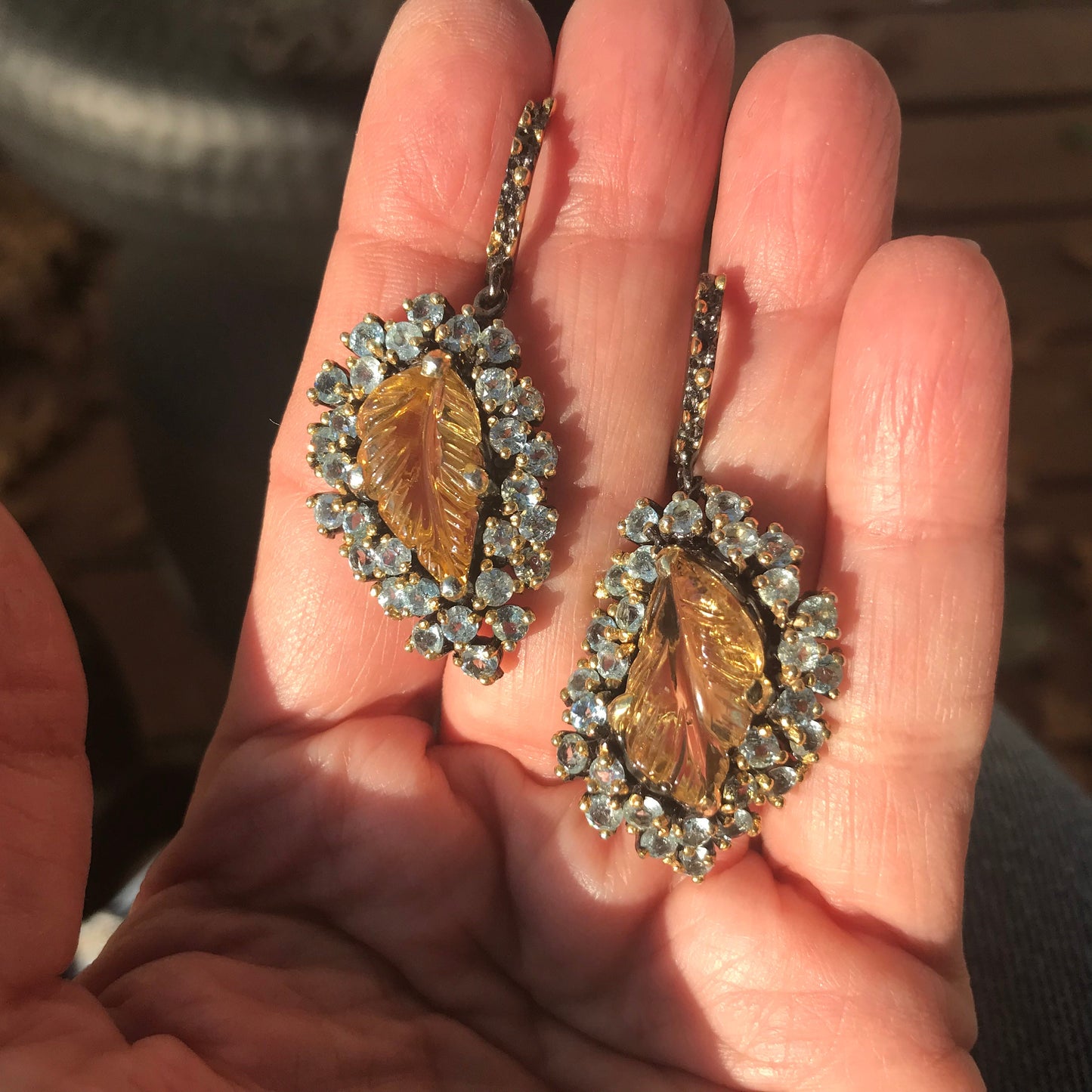 Sterling silver Natural Carved citrine blue topaz leaf Earrings