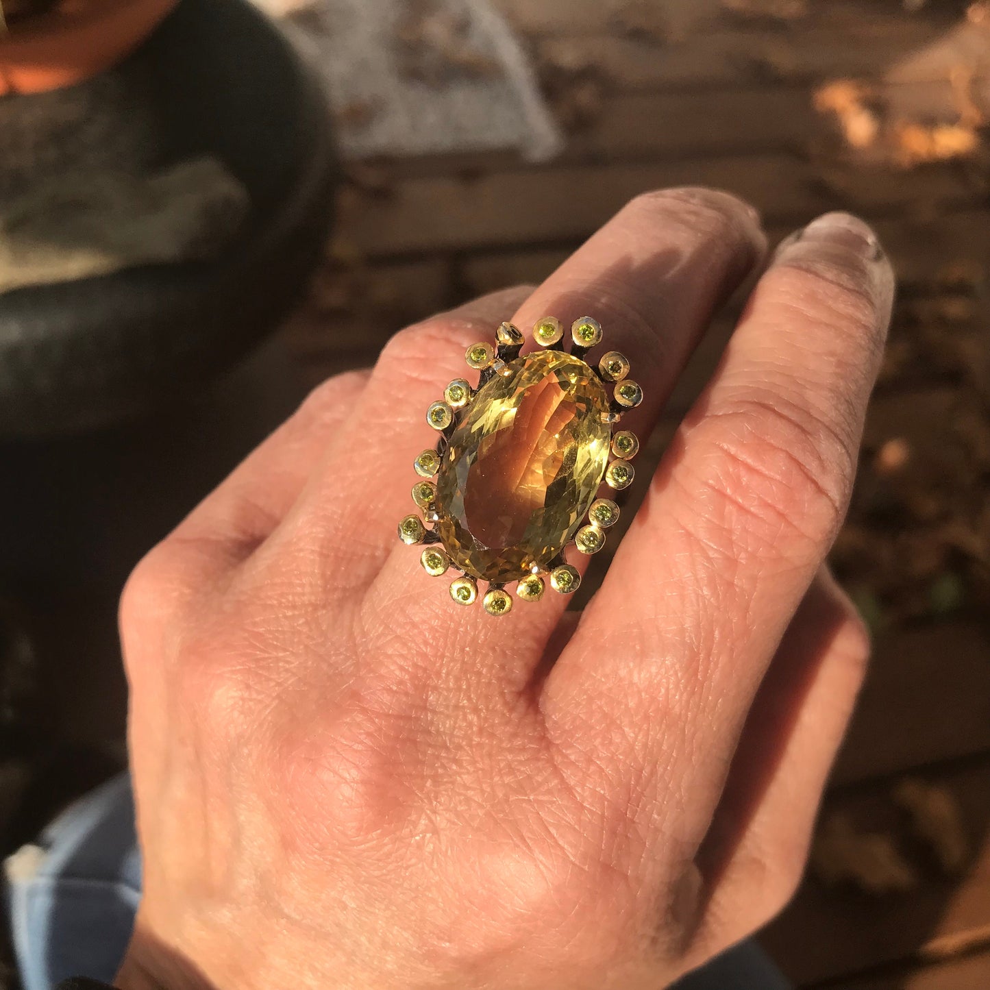 Sterling Silver Natural lemon quartz sunburst statement Ring 8