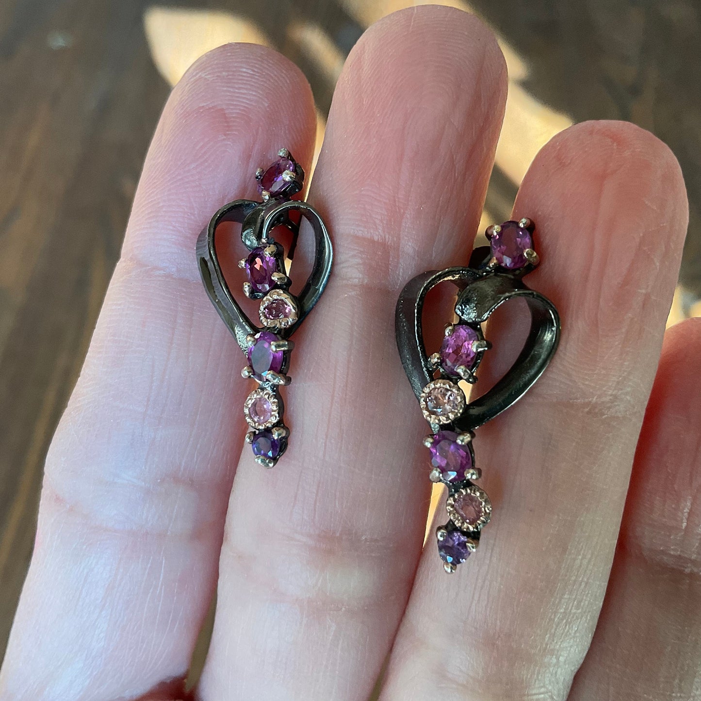 Handmade Sterling Silver Rhodolite Heart art Stud earrings