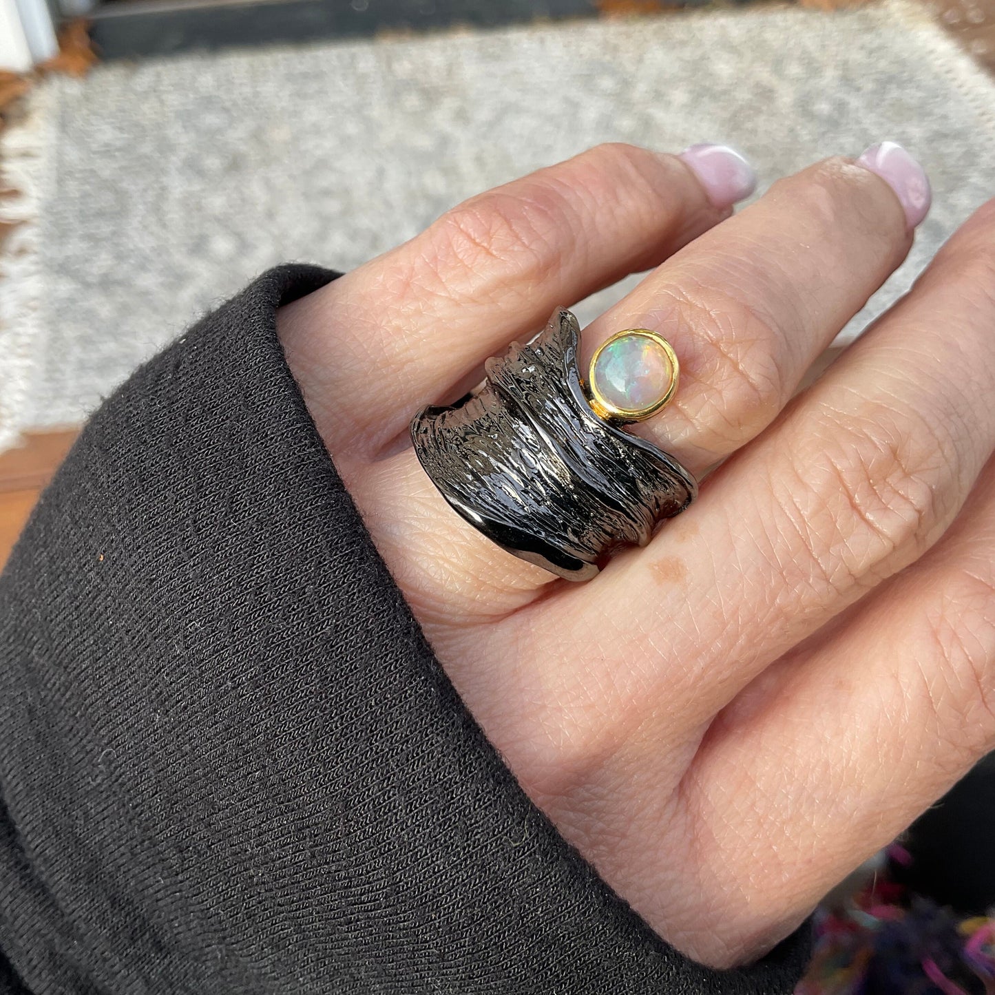 sterling silver natural black fire opal band cuff open ring 6 7