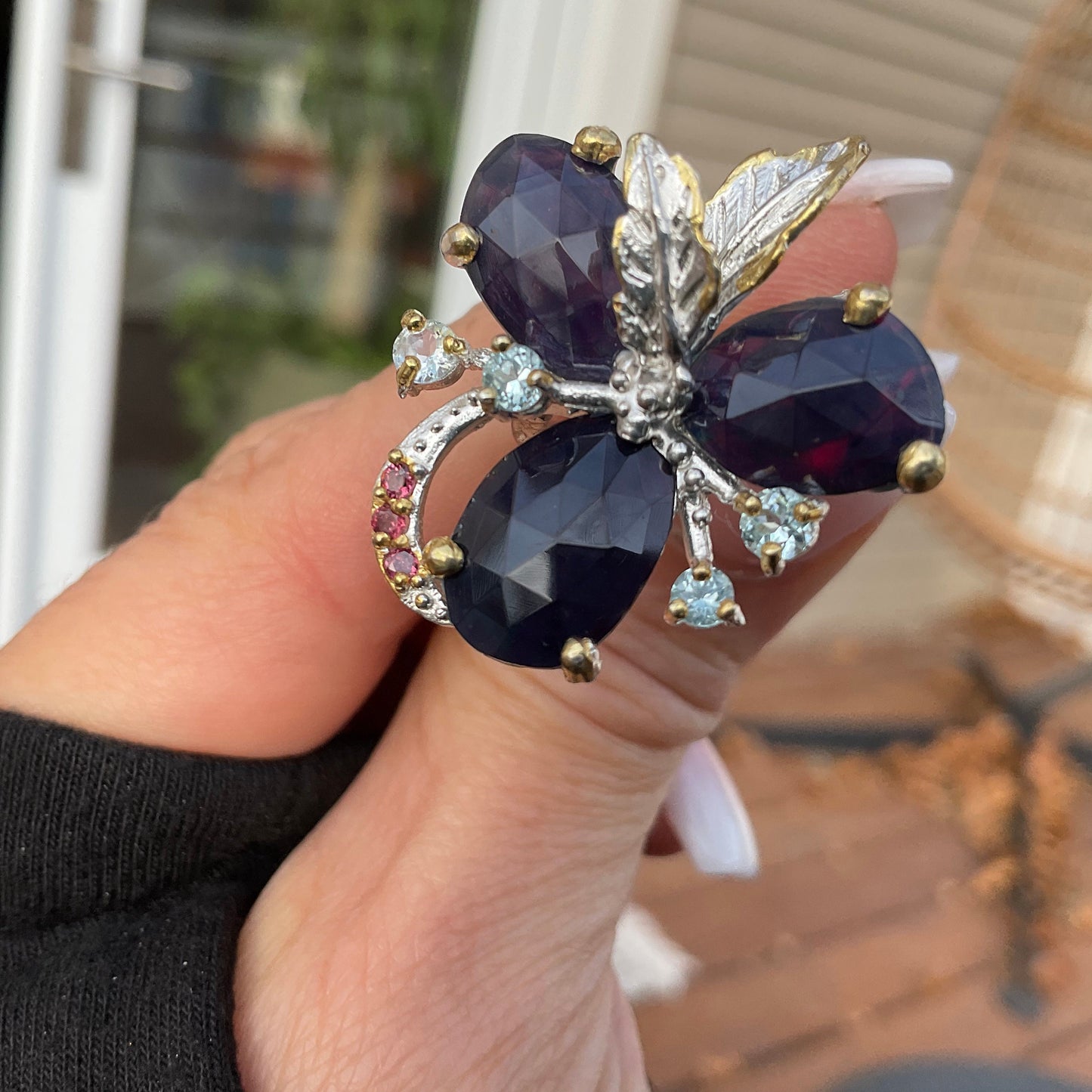 sterling silver Natural black blue Fire Opal topaz floral statement ring 9