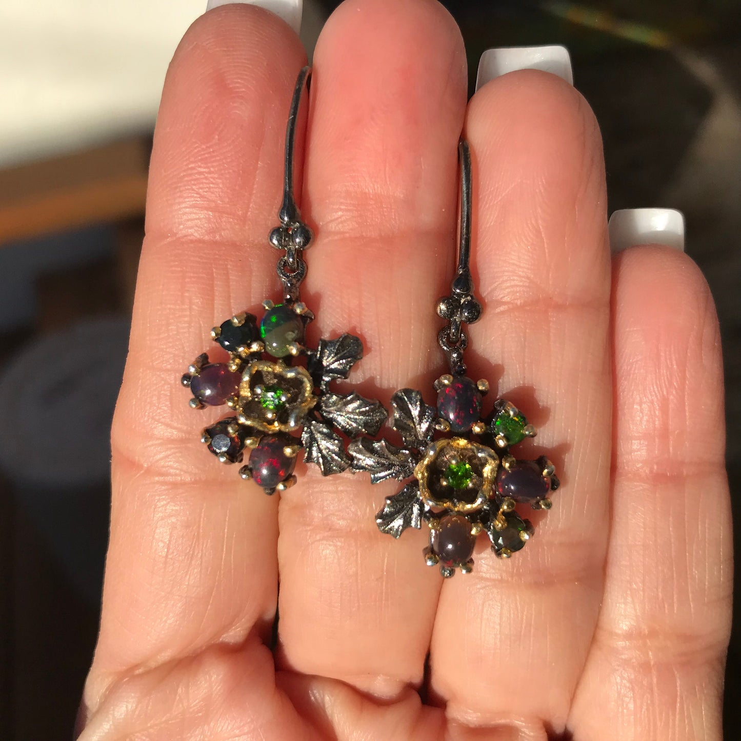 Sterling Silver Rainbow Natural black Opal dangle earrings
