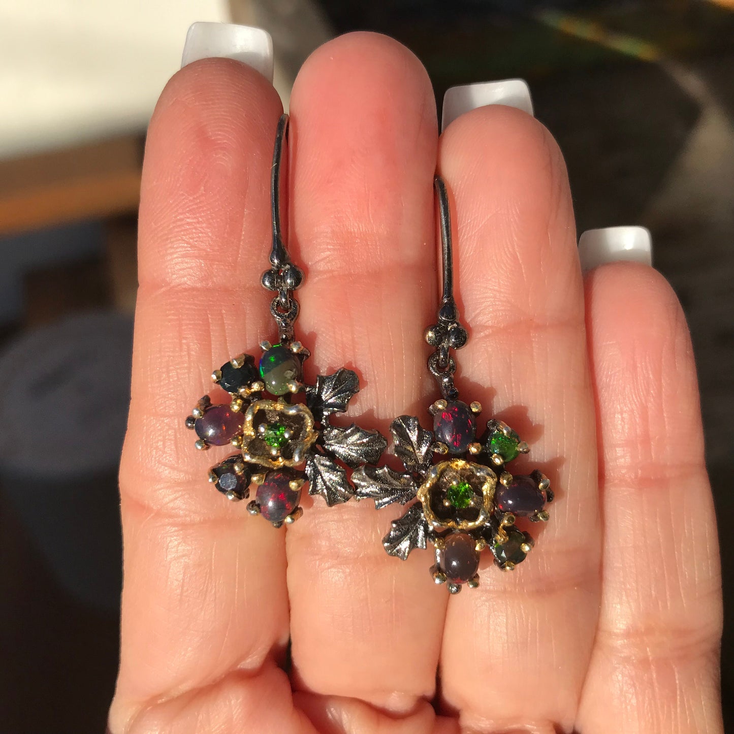 Sterling Silver Rainbow Natural black Opal dangle earrings