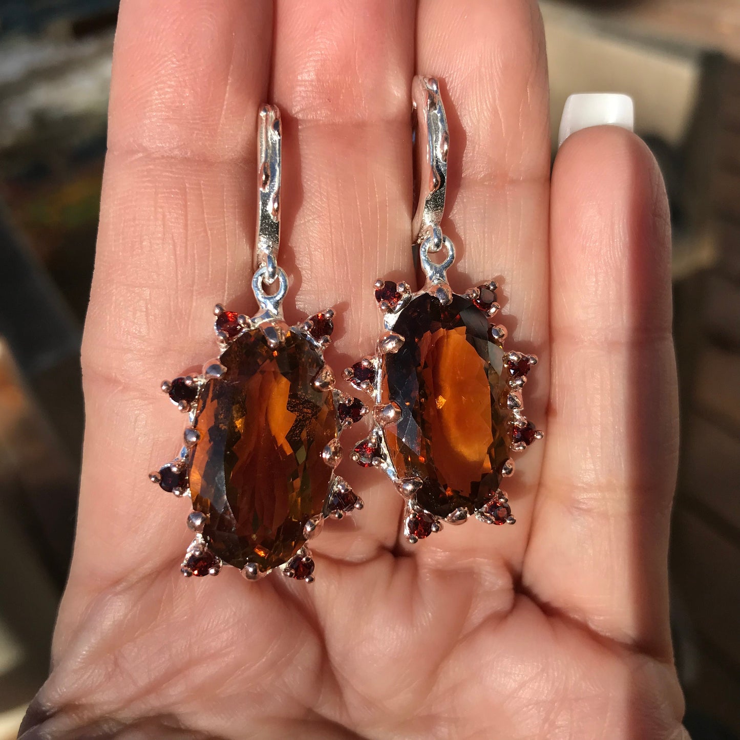 Sterling silver natural cognac garnet statement earrings
