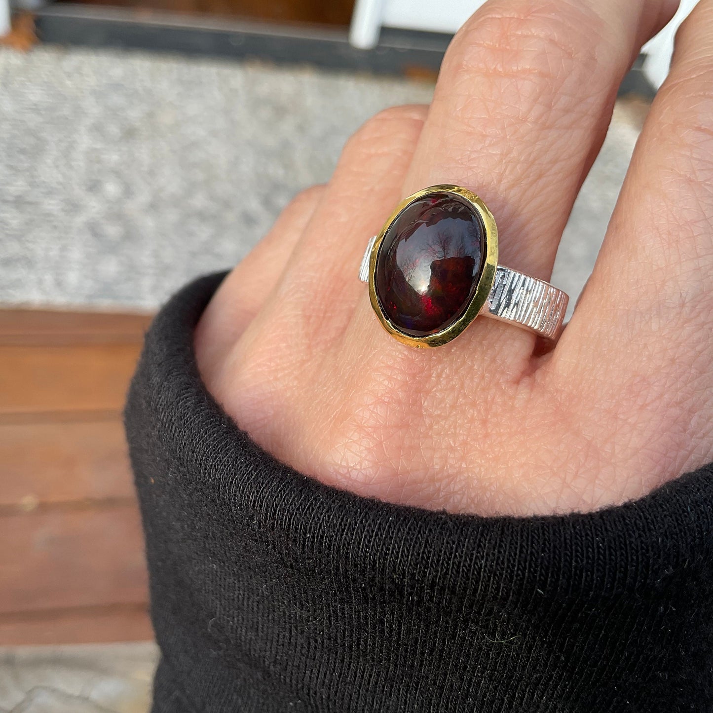 sterling silver Natural black red mesmerizing Fire Opal solitaire ring 9