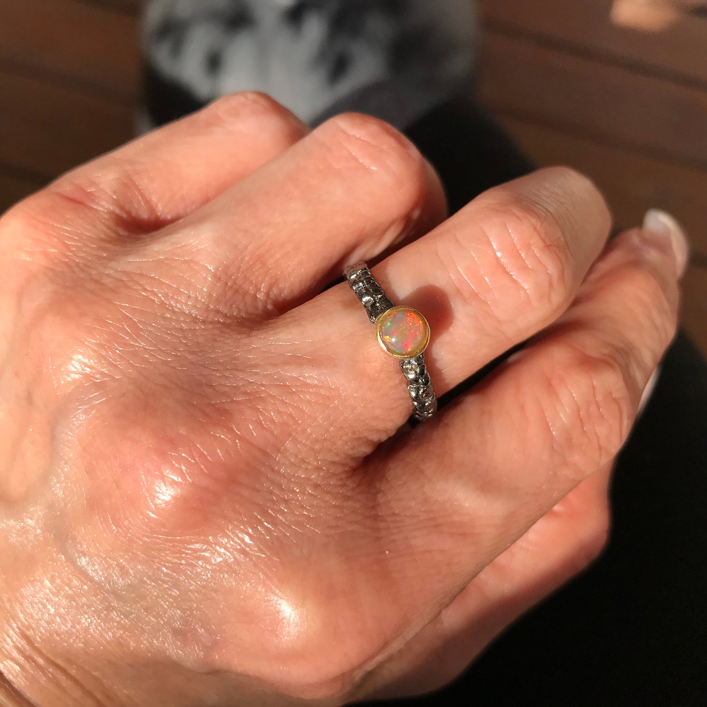 Natural black fire opal dainty Sterling Silver Ring 7