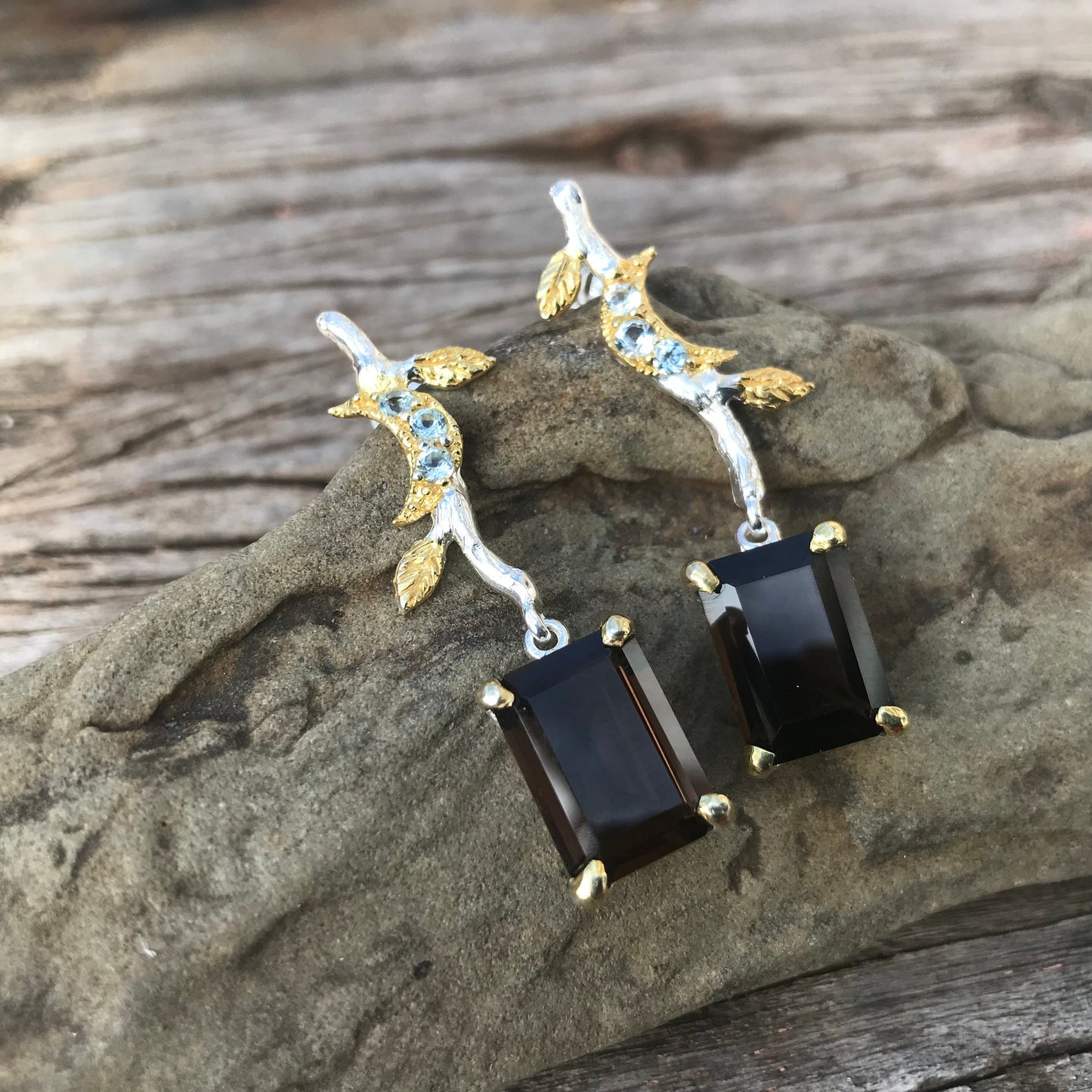 Sterling silver Smokey quartz star topaz natural dangle earrings