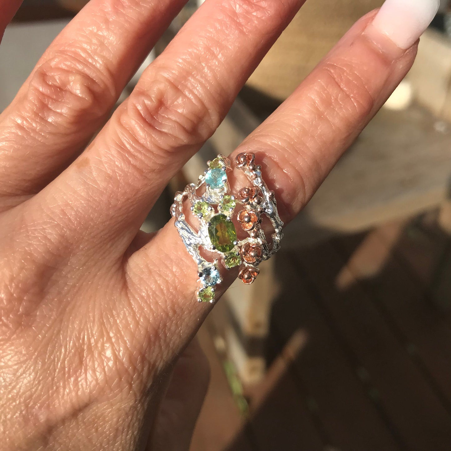 Sterling Silver Natural apatite topaz peridot Ring 8 twig natural art