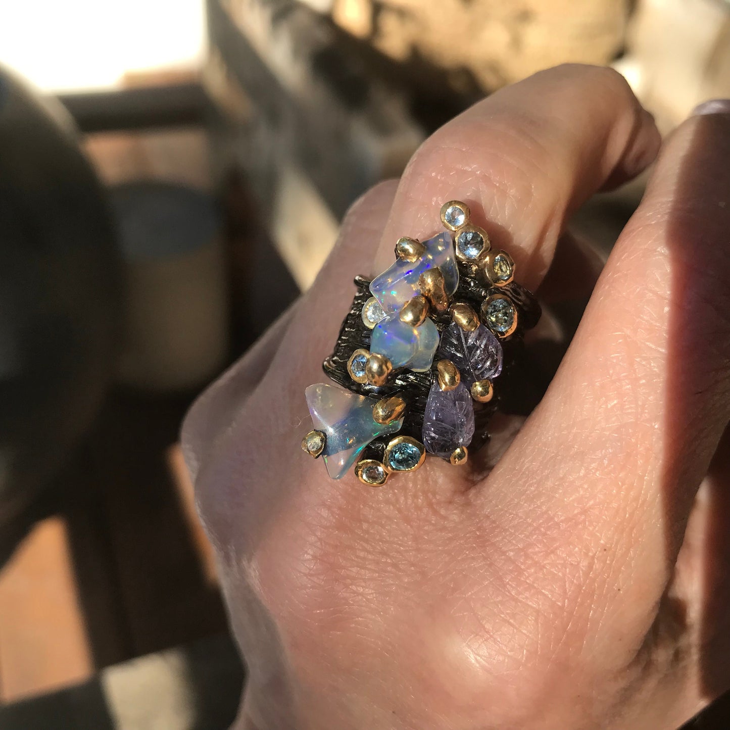 Sterling Silver rainbow opal carved tanzanite topaz statement ring 7.5