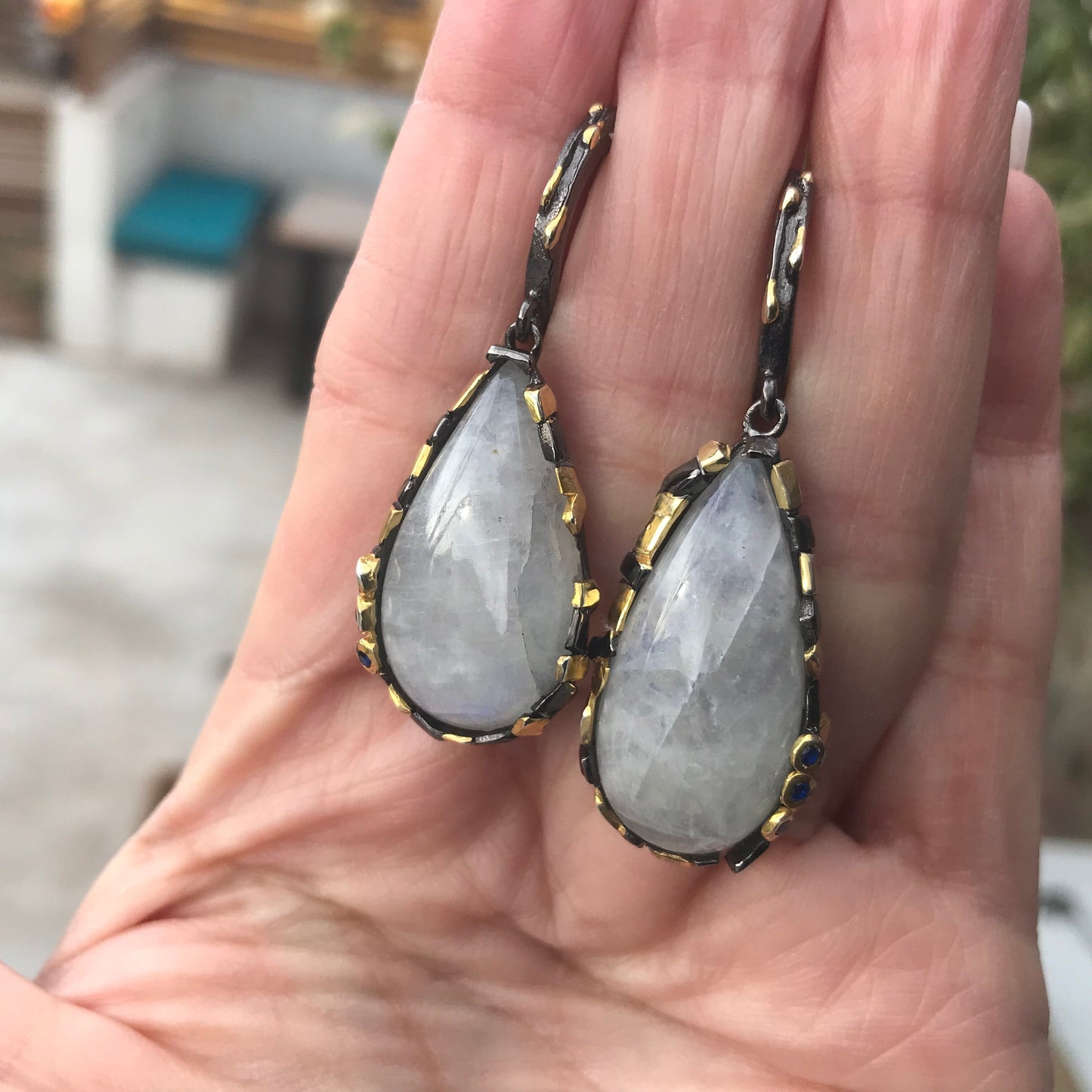 Sterling Silver Moonstone statement modernist pear shape earrings