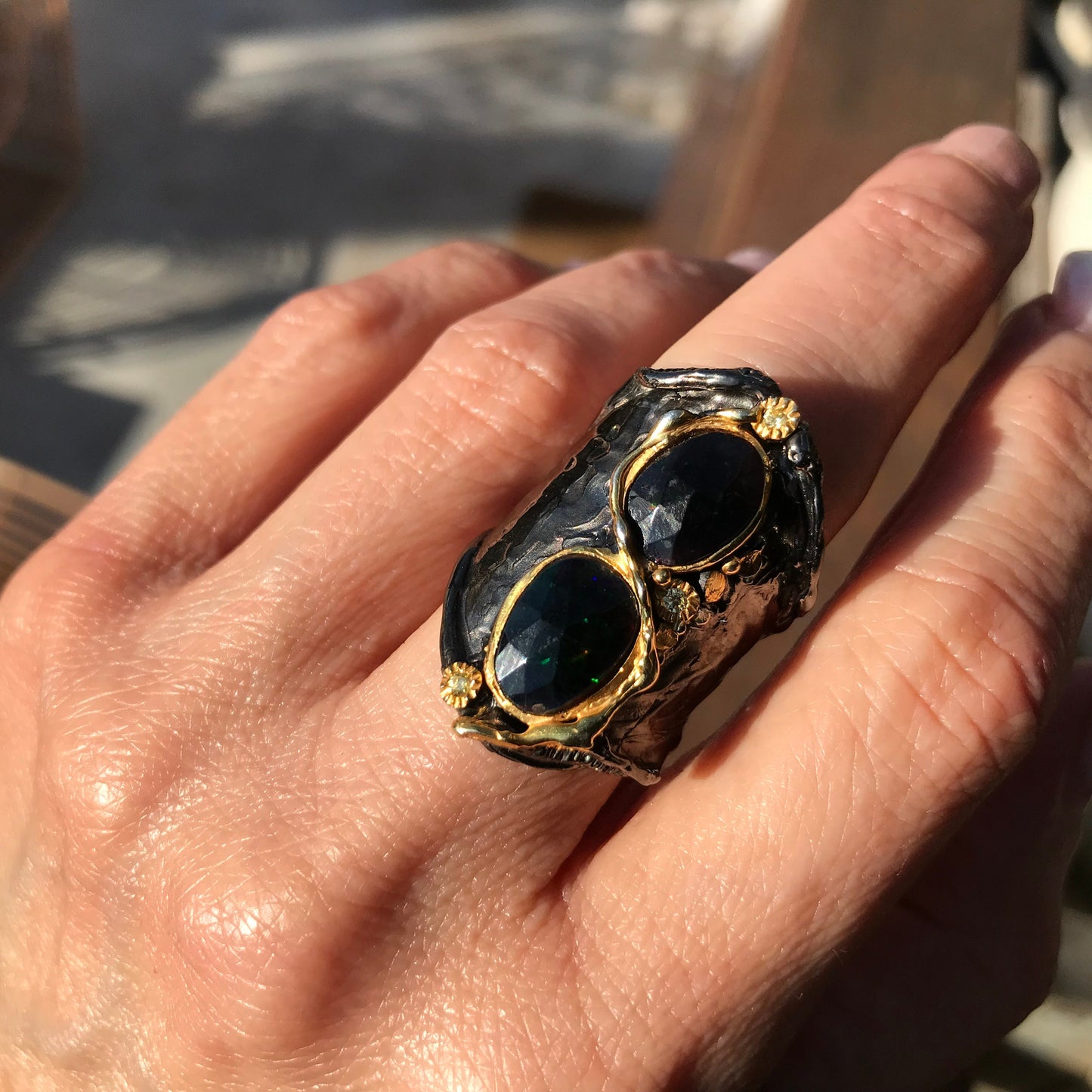 Sterling Silver opal modernist emerald Etnika band ring 8