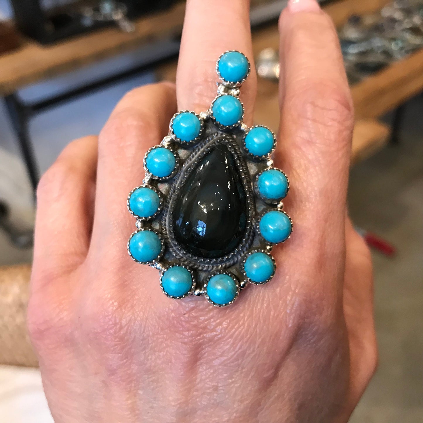 Sterling Statement turquoise huge adjustable Cluster ring obsidian