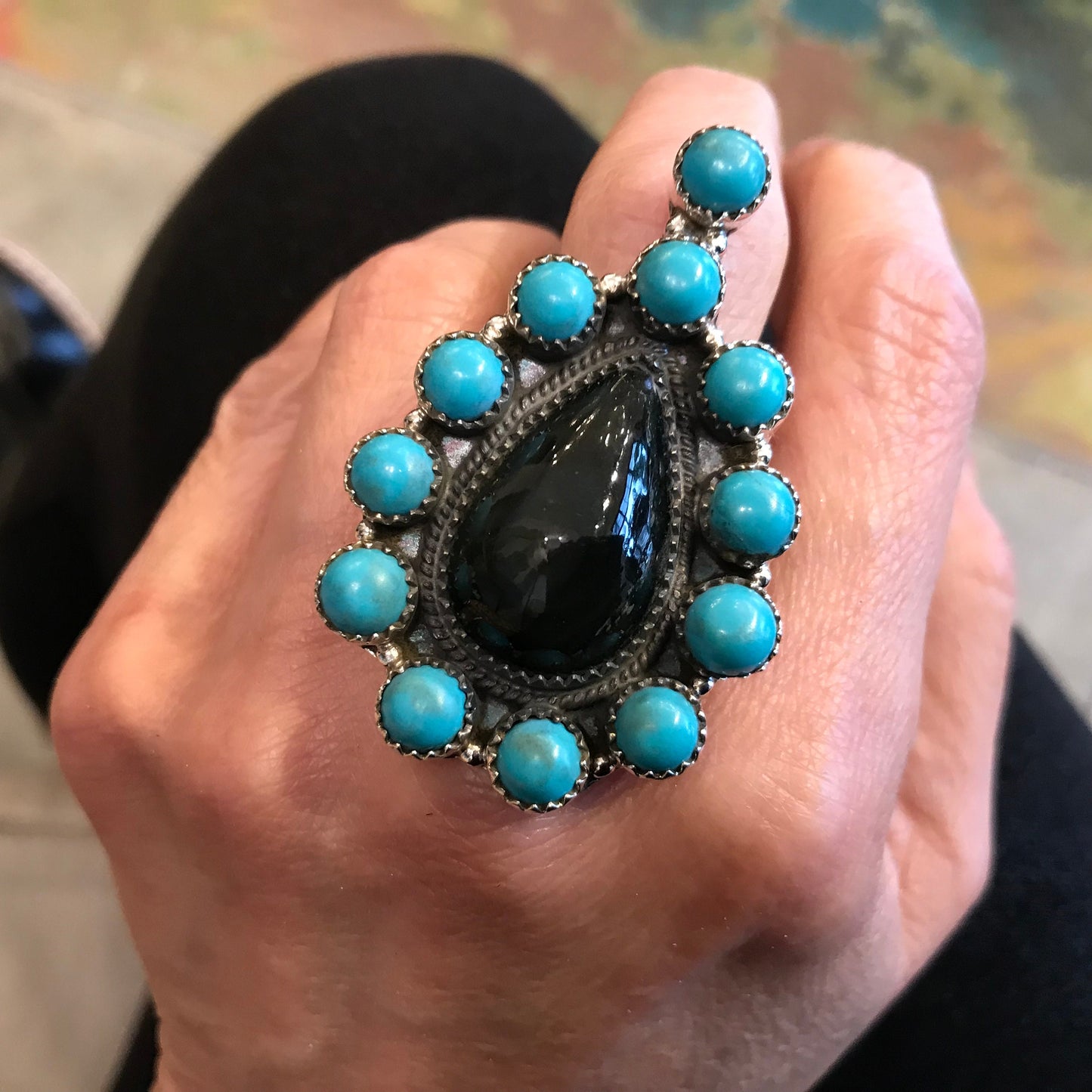 Sterling Statement turquoise huge adjustable Cluster ring obsidian