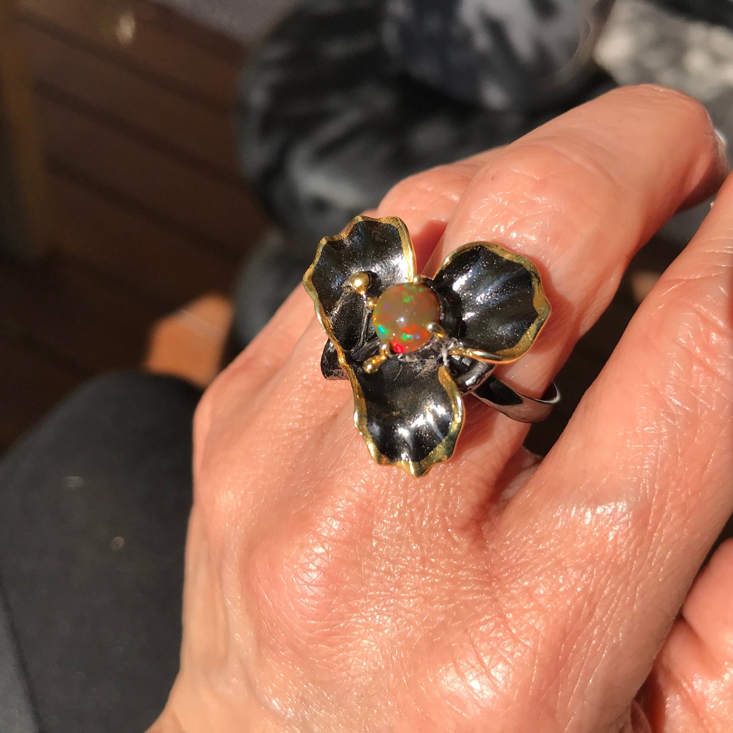 sterling silver Natural art opal flower ring 9