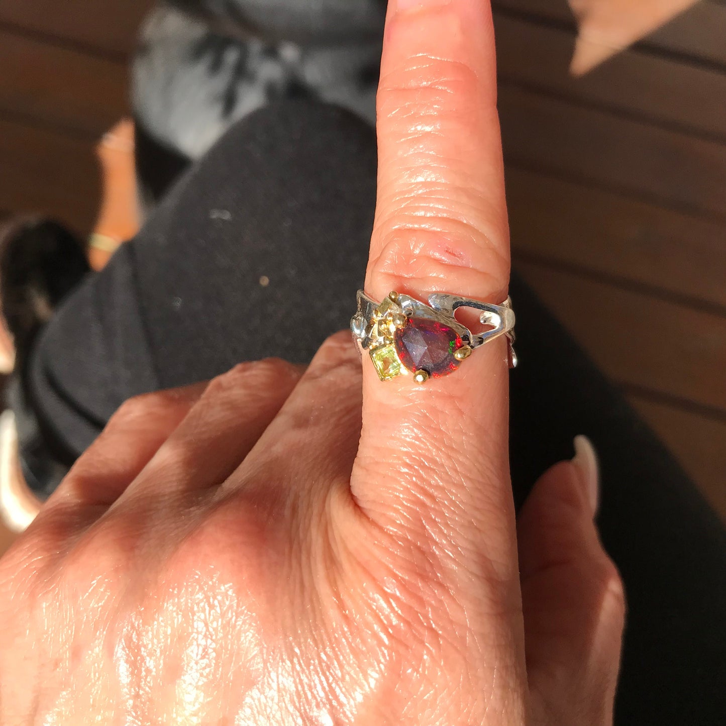 sterling silver Natural black red fire opal band ring 8