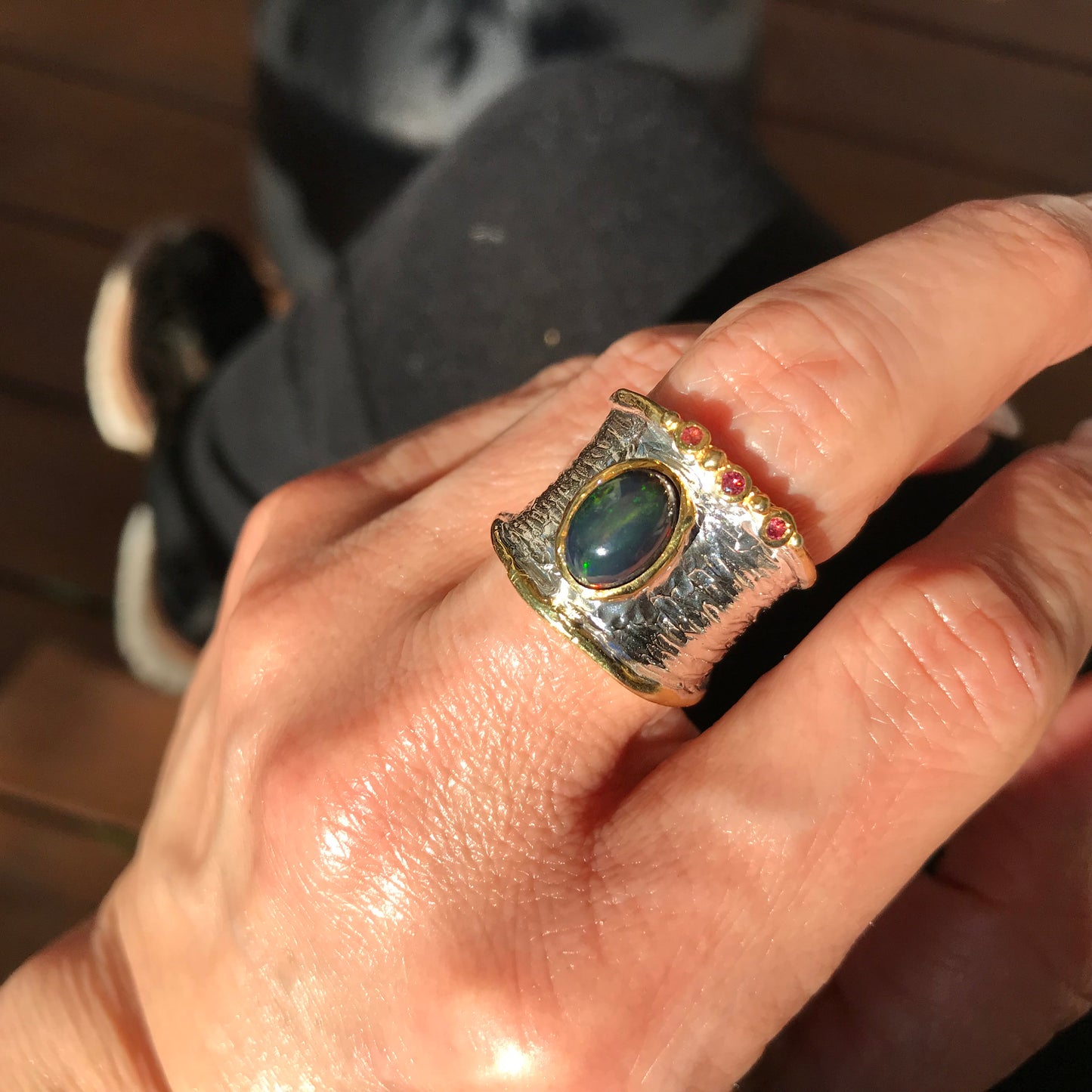 sterling silver natural opal band Rhodolite ring 7