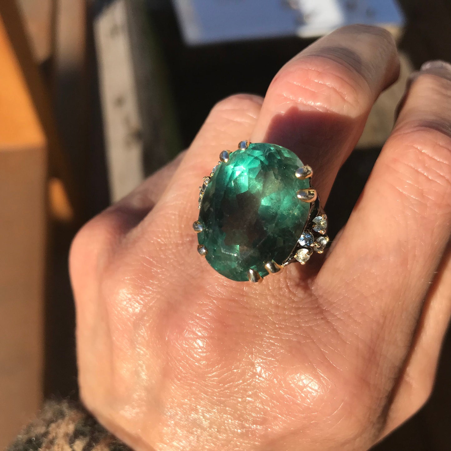 Sterling silver emerald green fluorite statement ring 8.5