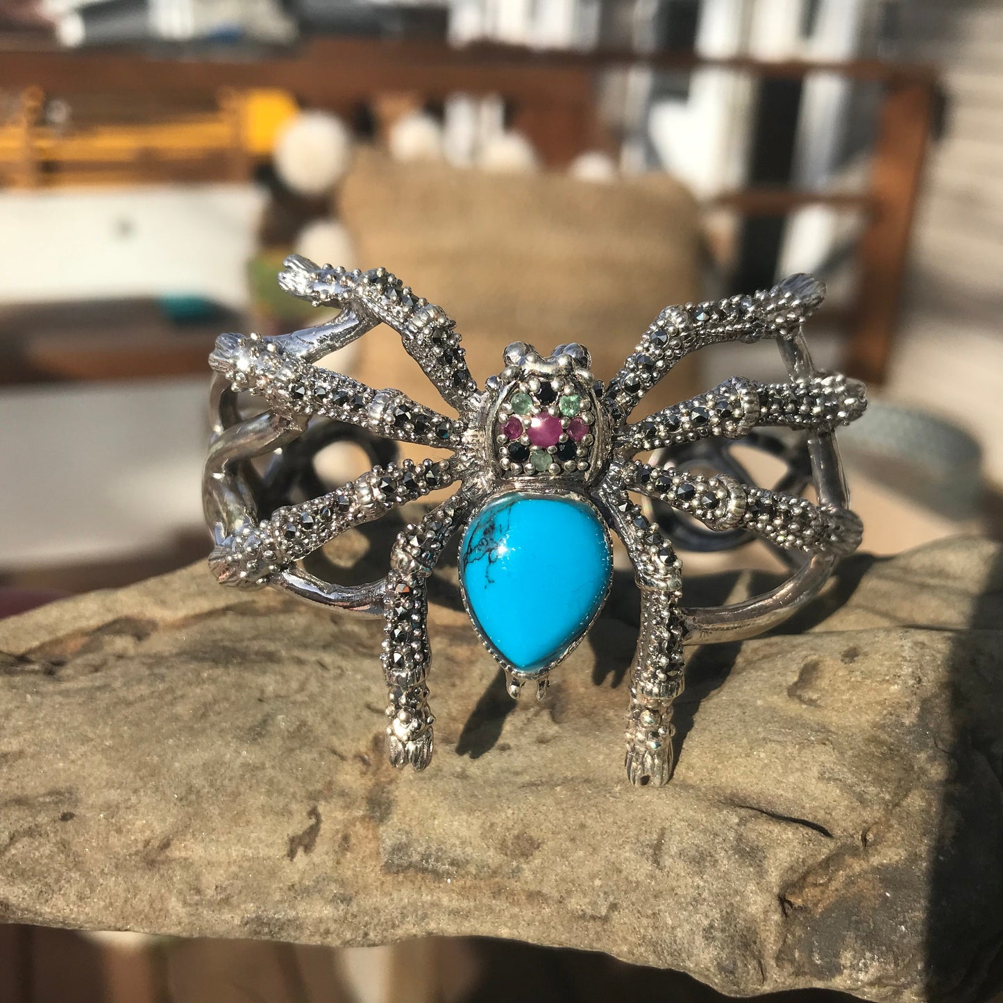 sterling silver spider turquoise  ruby emerald sapphire cuff Bracelet