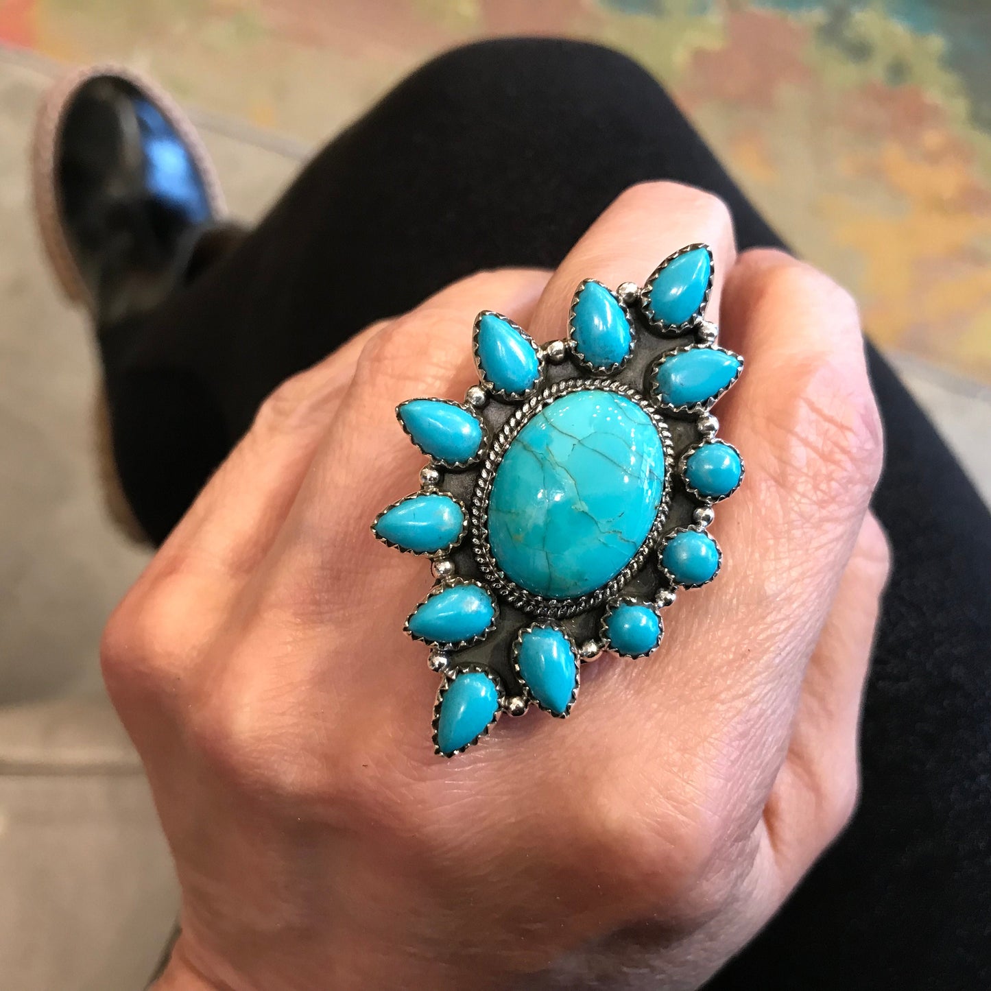 Sterling Statement turquoise huge adjustable Cluster ring