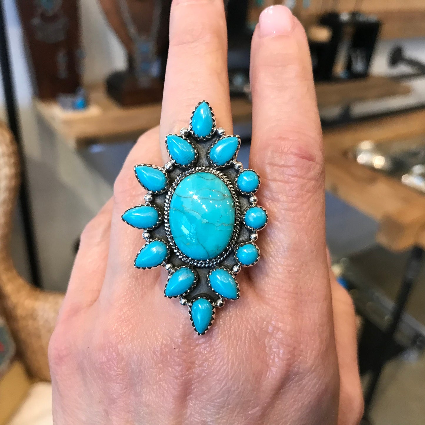 Sterling Statement turquoise huge adjustable Cluster ring