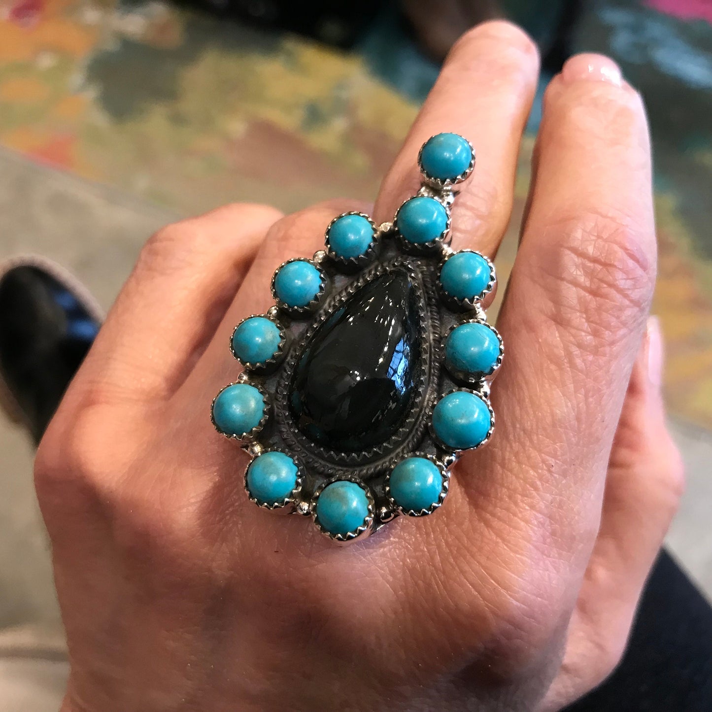Sterling Statement turquoise huge adjustable Cluster ring obsidian