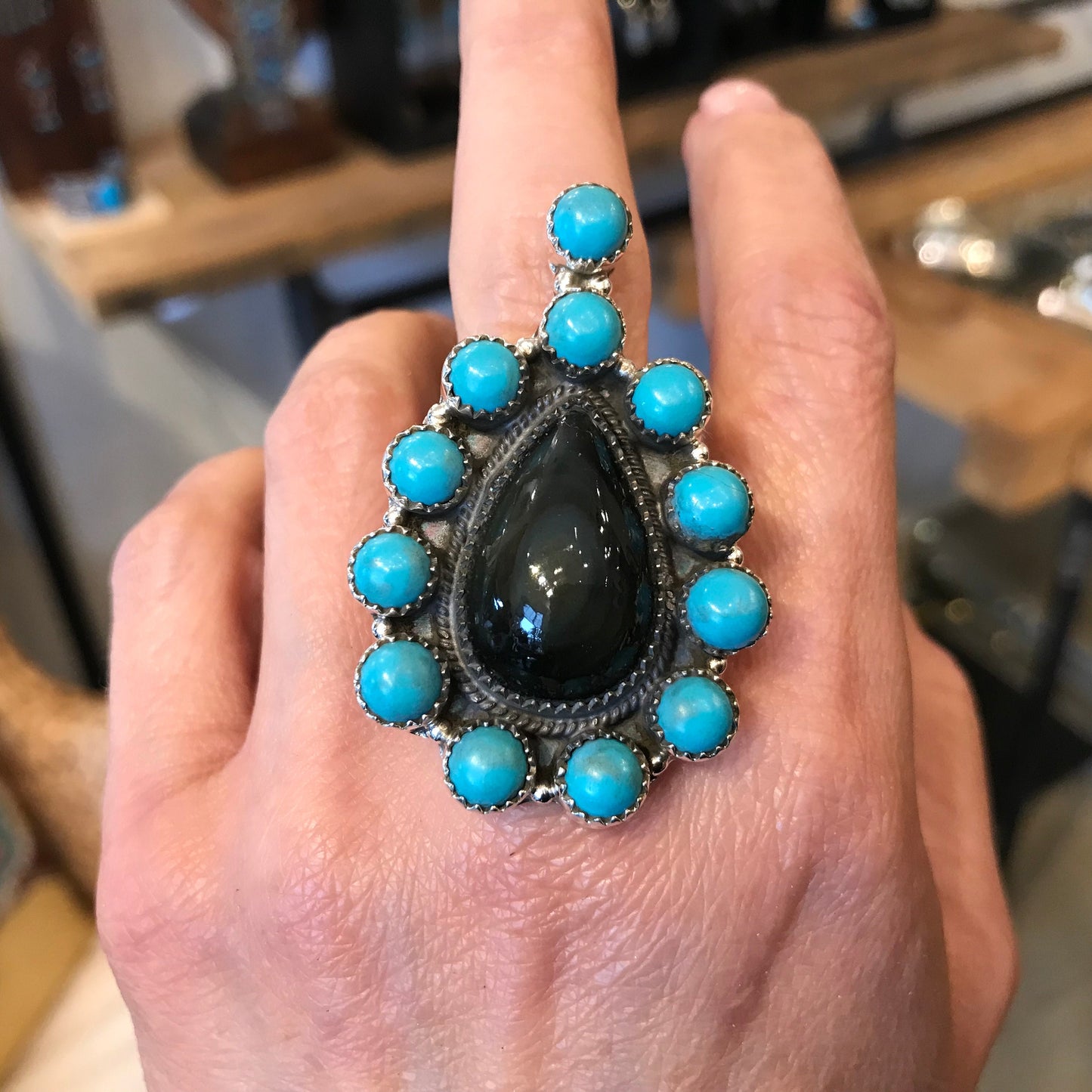 Sterling Statement turquoise huge adjustable Cluster ring obsidian