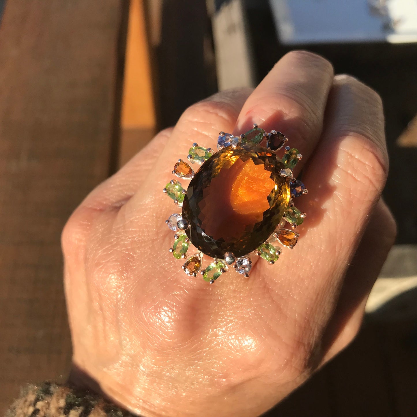 sterling silver cognac quartz statement ring huge fancy ring 8.5