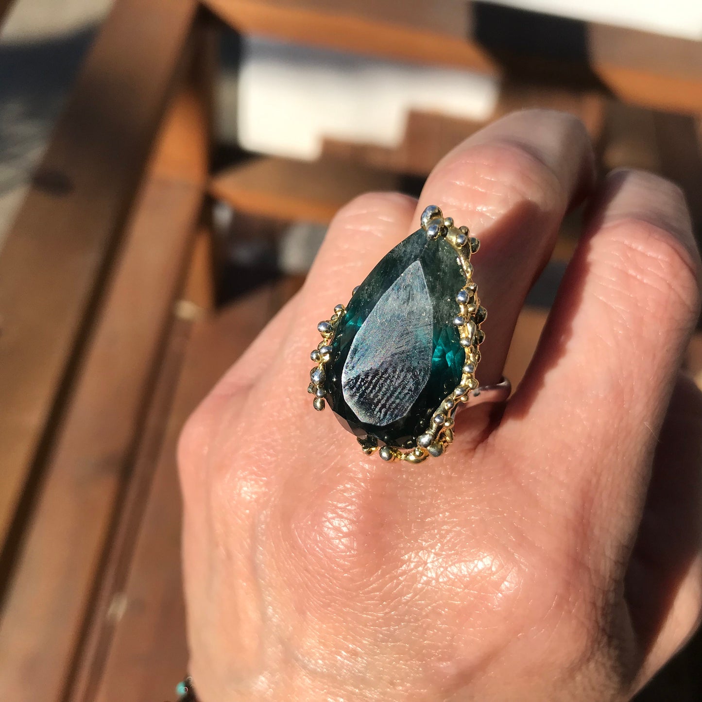 Sterling silver green fluorite statement pear shape ring 9