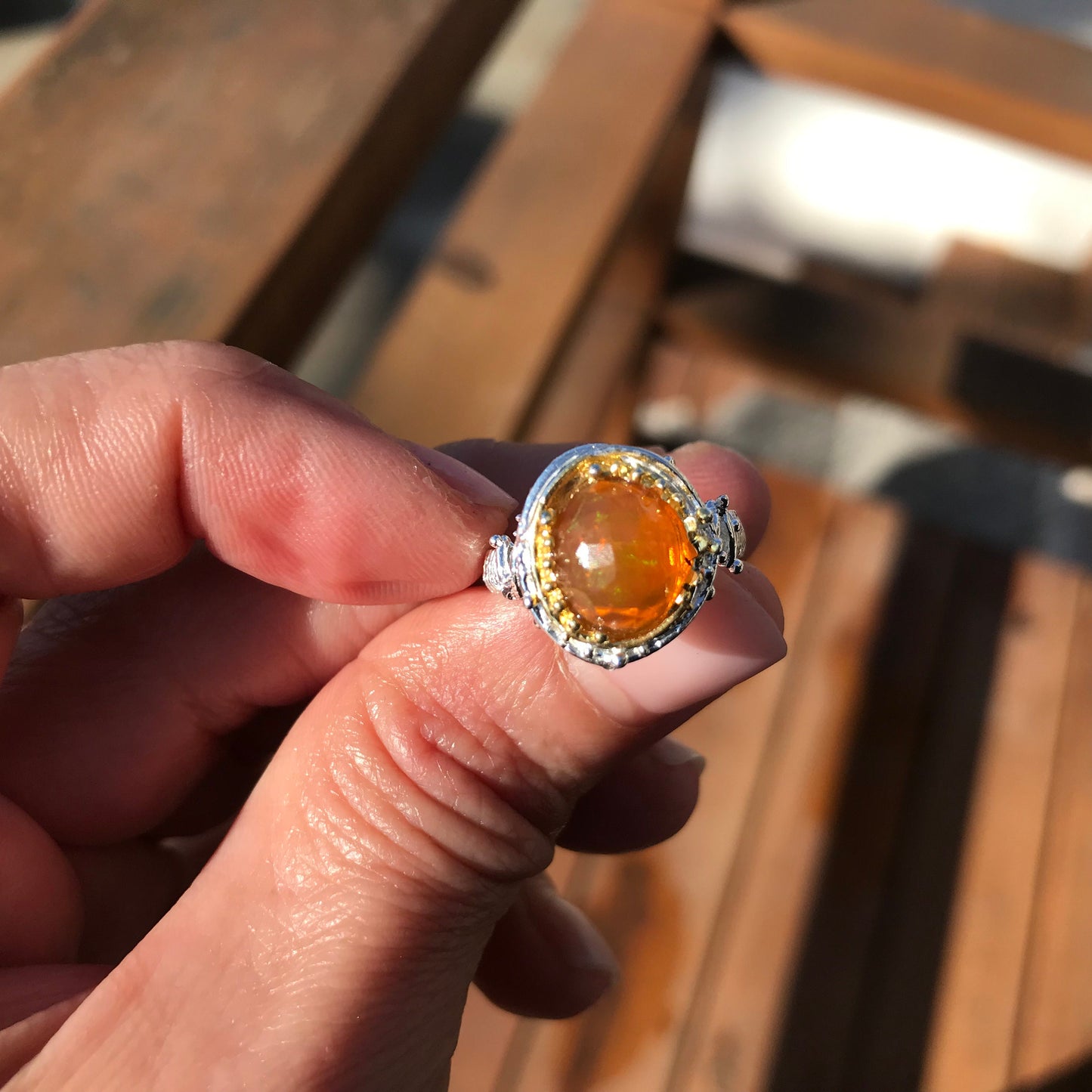 sterling silver natural Rainbow orange fire opal band ring 6.5