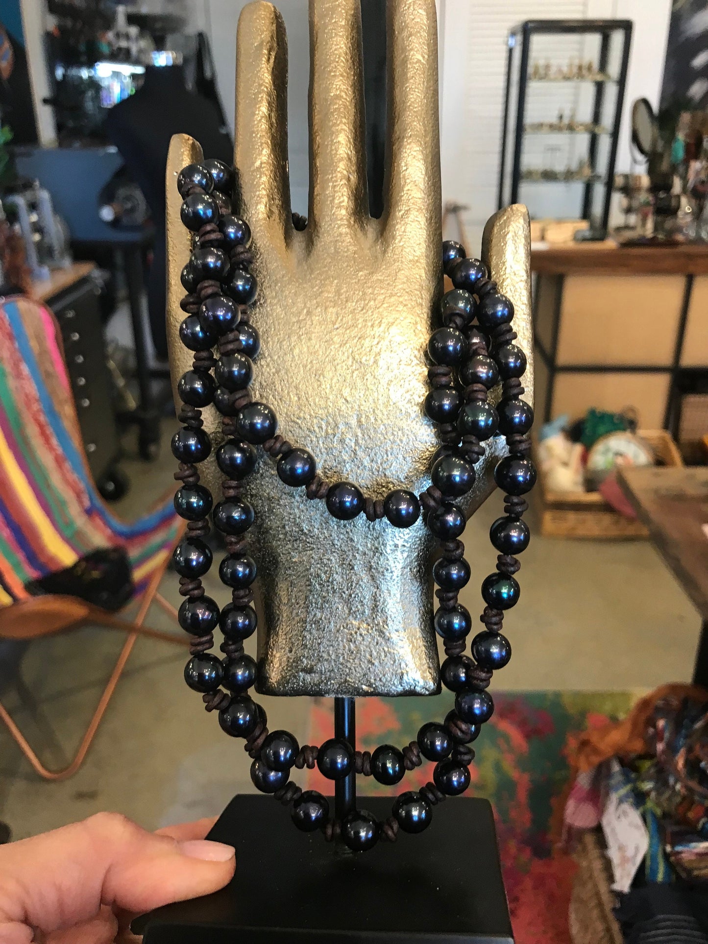 Natural pearls black leather necklace 46”