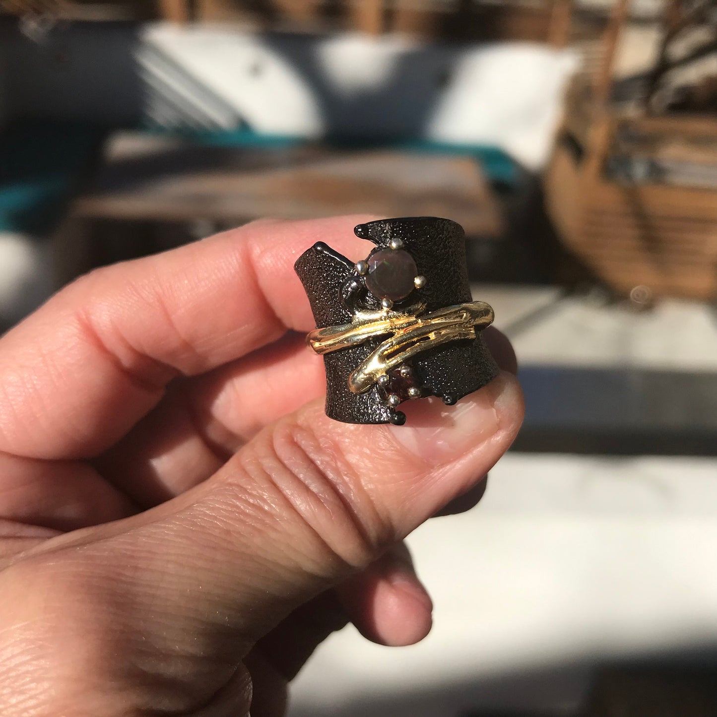 sterling silver natural black fire opal band ring 5