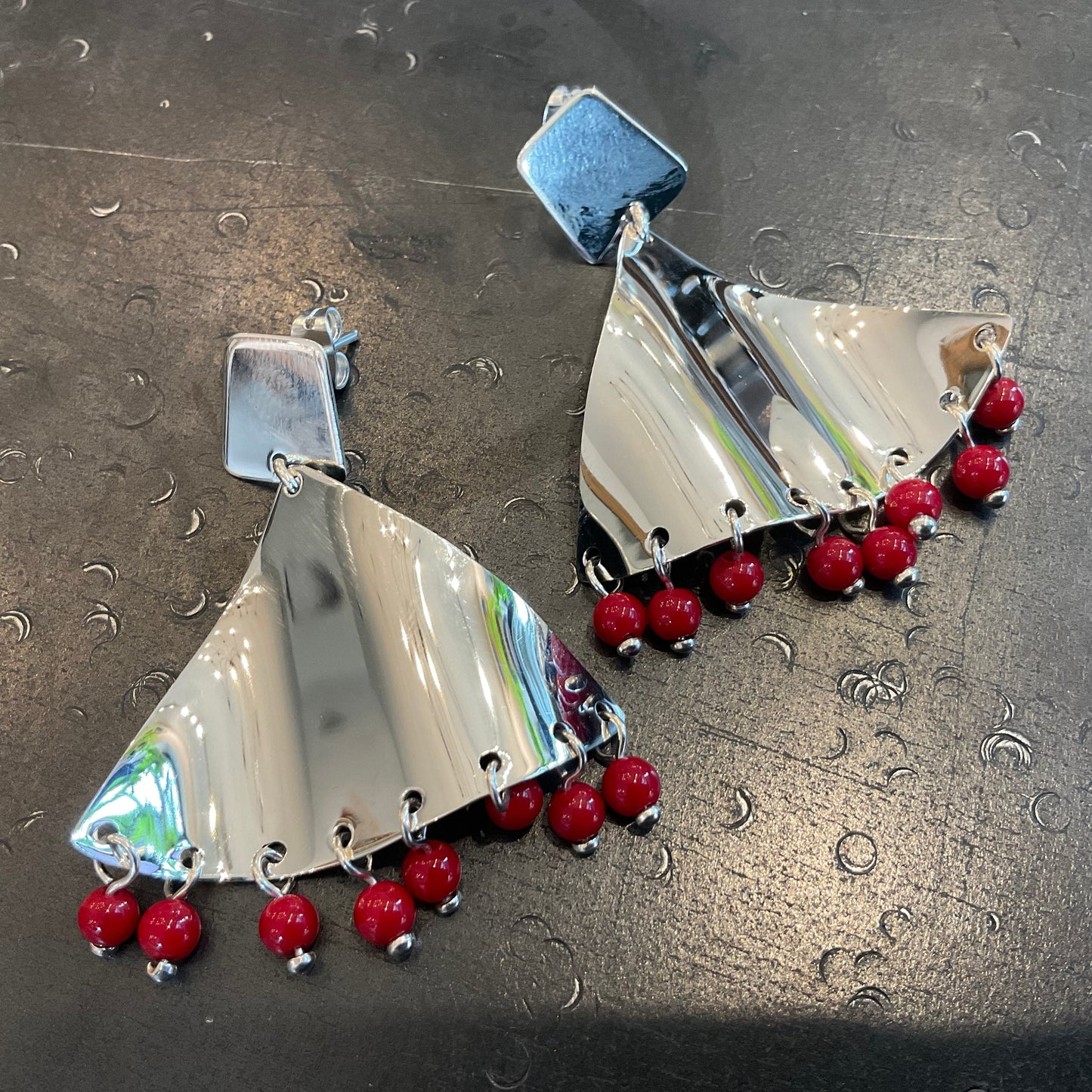 Sterling Silver modernist large long dangle earrings flamenco red coral