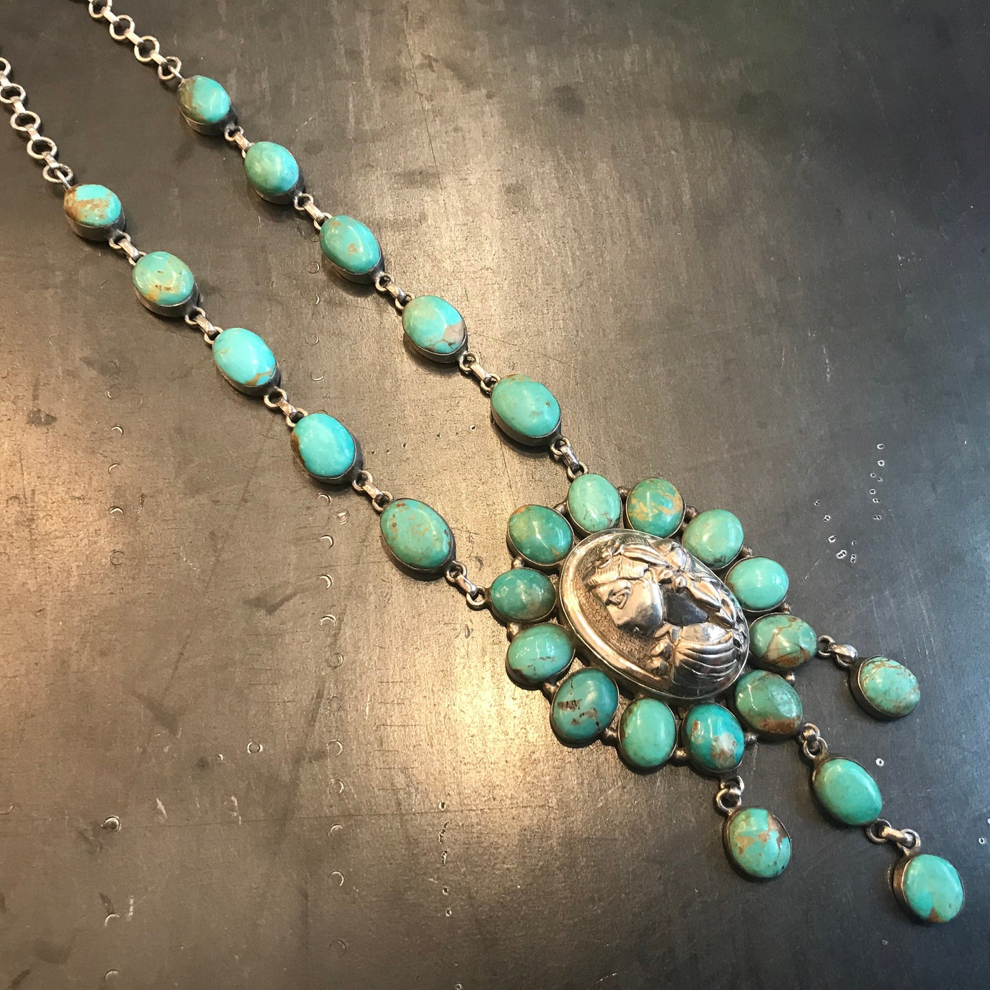 Sterling silver natural turquoise statement Cameo necklace