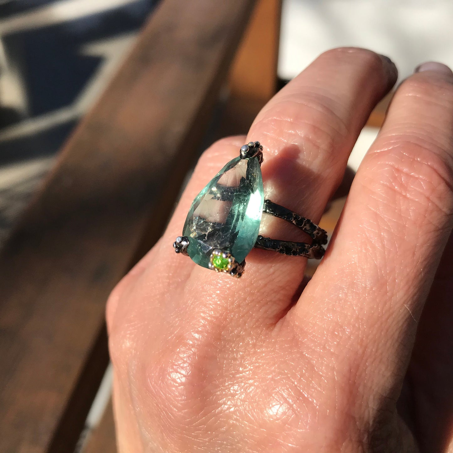 Sterling Silver Fluorite solitaire pear shape ring 9