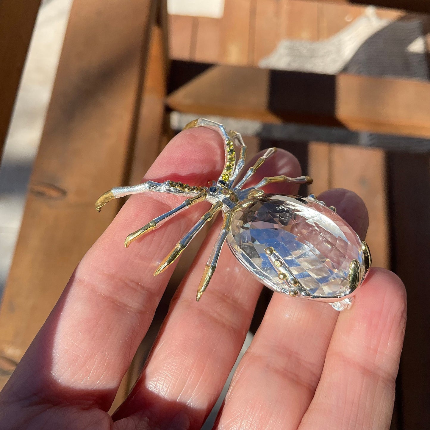 Handmade Sterling Silver 65ct Natural quartz spider Brooch Pin