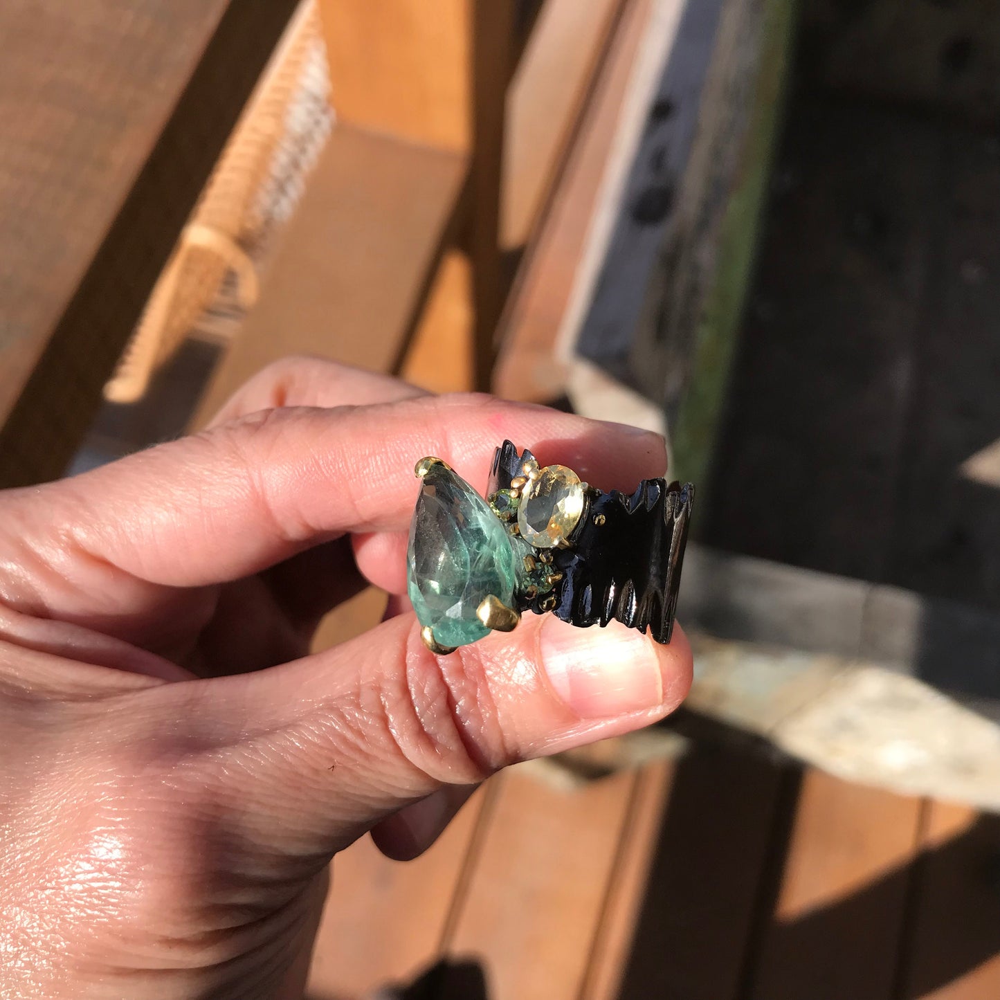 Sterling silver emerald green fluorite citrine band ring 9