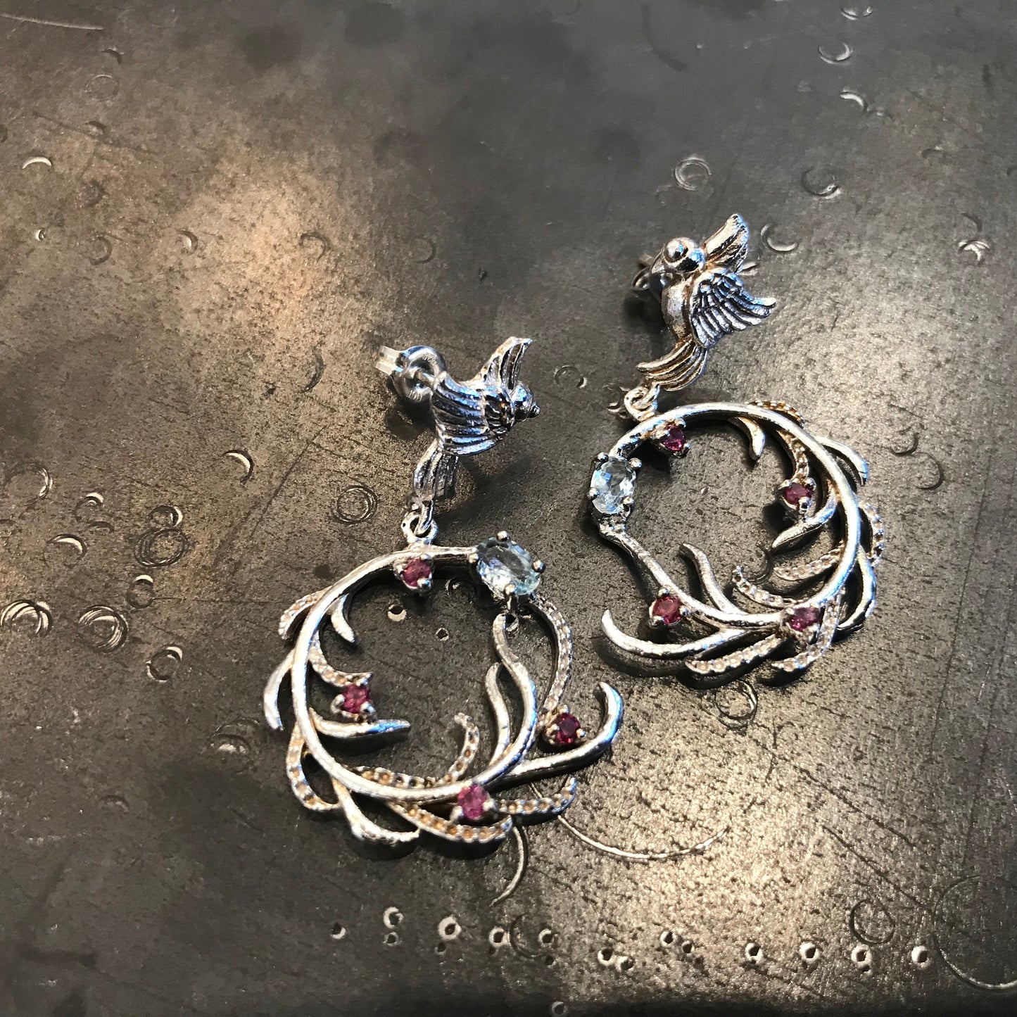 Sterling Silver natural bird art blue topaz dangle Earrings