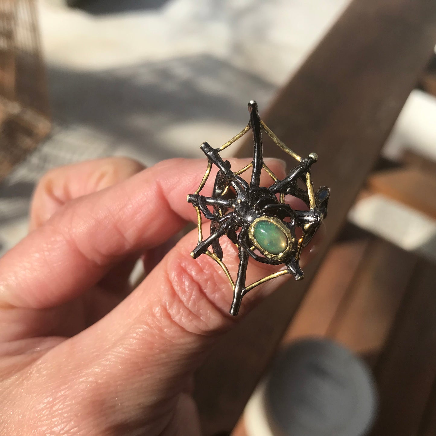 Sterling Silver spider web Handmade Fire Opal Artisan ring 7