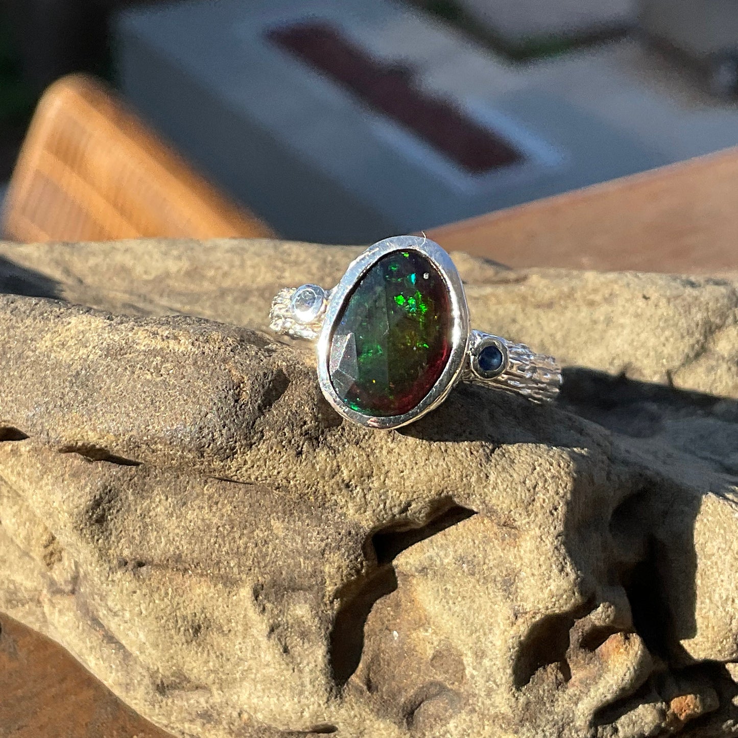 sterling silver Natural black mesmerizing Fire Opal sapphire ring 8