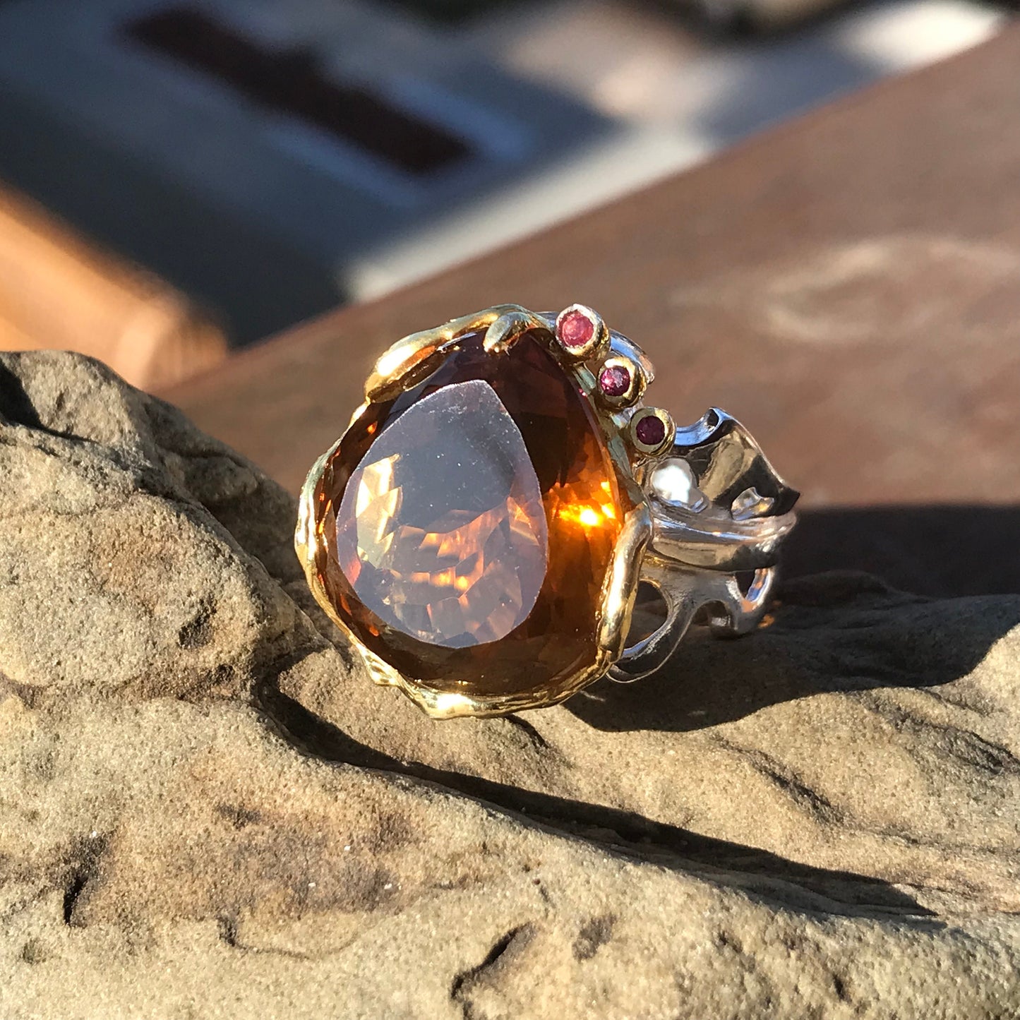 sterling silver cognac quartz statement ring huge rhodolite ring 8.5