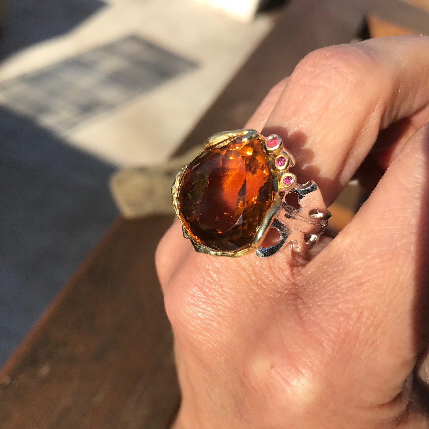 sterling silver cognac quartz statement ring huge rhodolite ring 8.5
