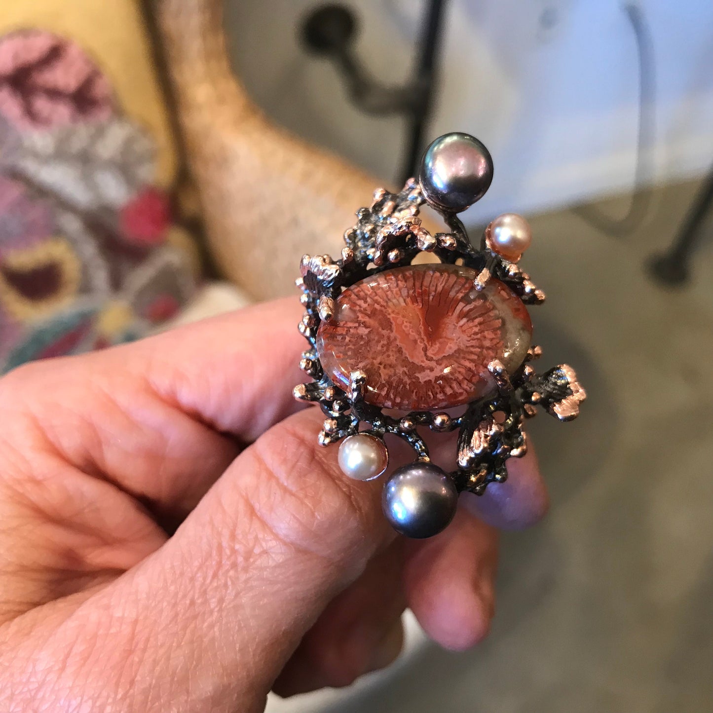 Sterling Silver Fossilized coral pearl coral reef statement Ring 10