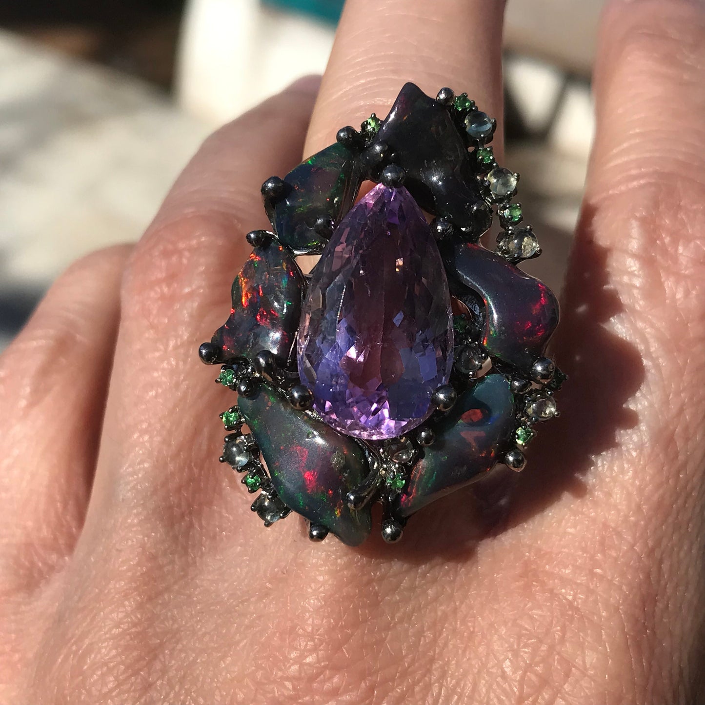 Sterling Silver Amethyst heirloom Fire Rainbow sapphire opal ring 7