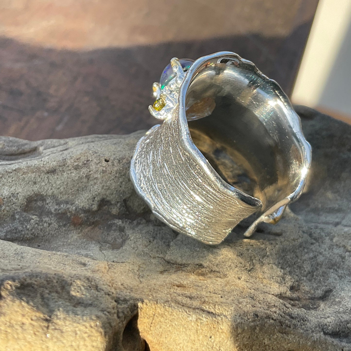 sterling silver natural black opal band Etnika cuff ring 6 7 7.5