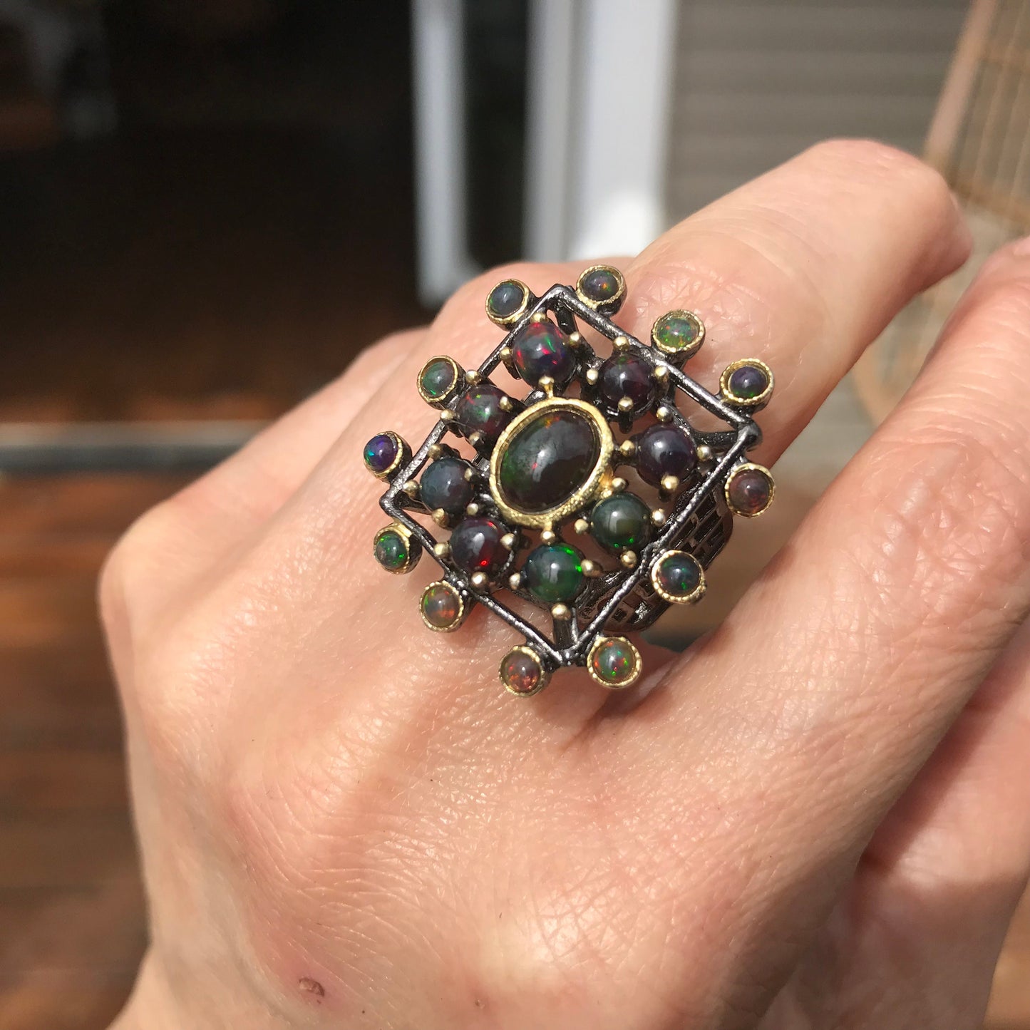 Sterling Silver black Fire Opal Art Deco statement ring 6.5