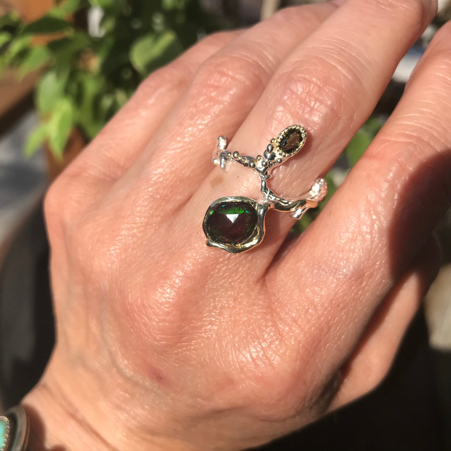 Natural black red fire opal organic twig Sterling Silver Ring 8